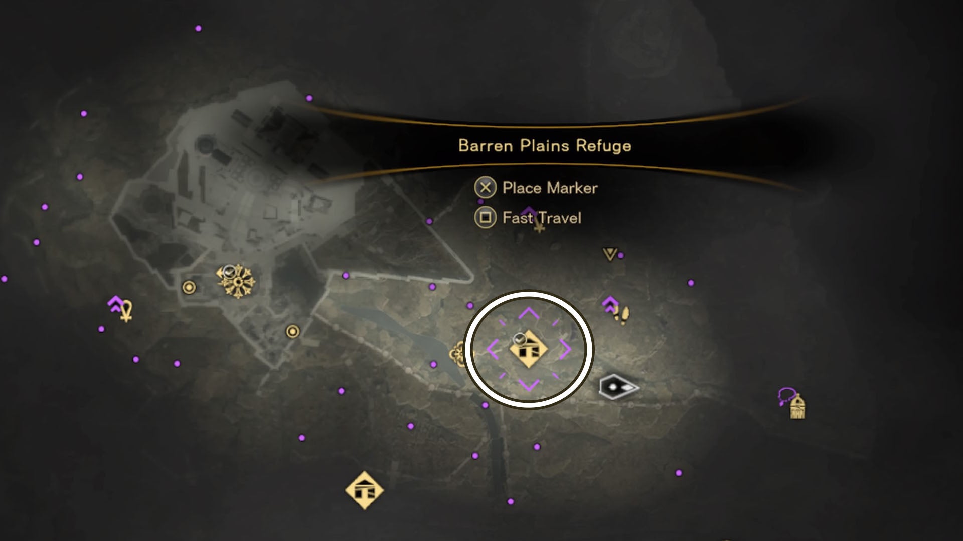 Forspoken, a view of the area map with a circle around a discovered Pilgrims Refuge.