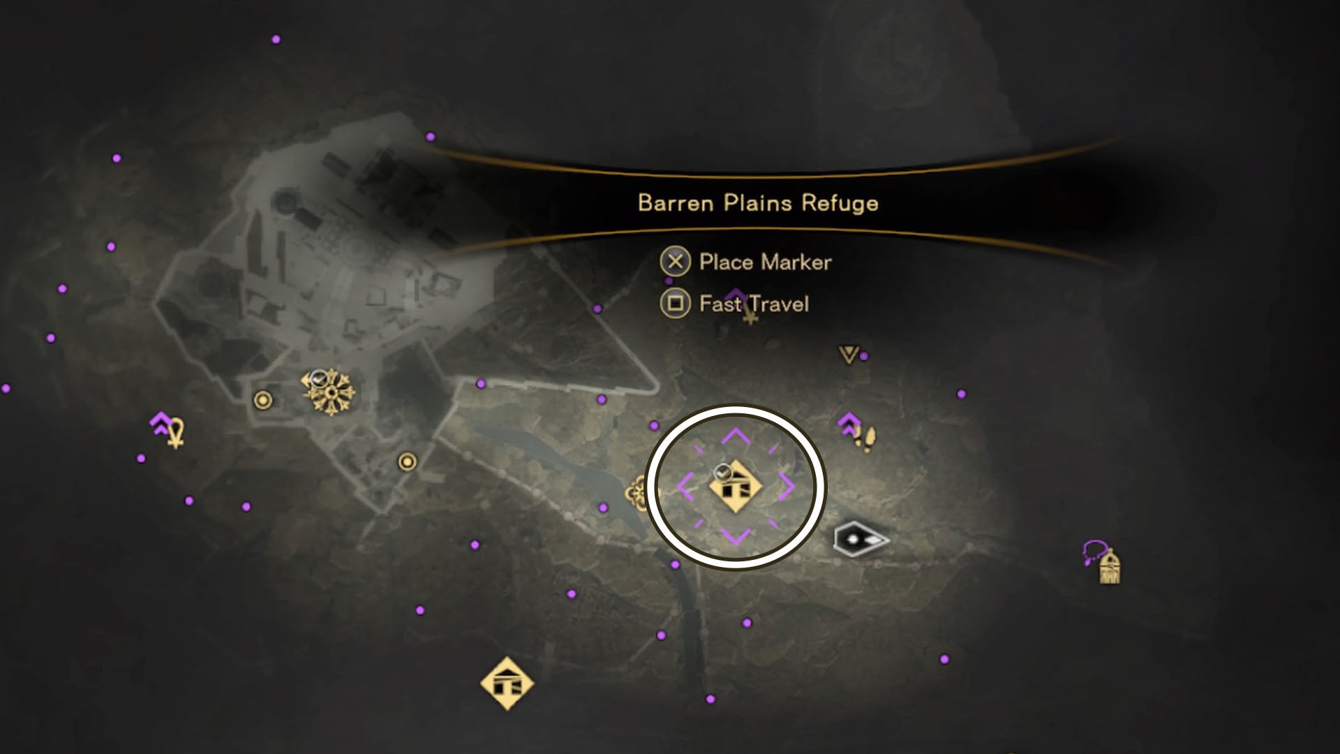 Forspoken, a map view of the area with a circle around an uncovered pilgrim refuge.