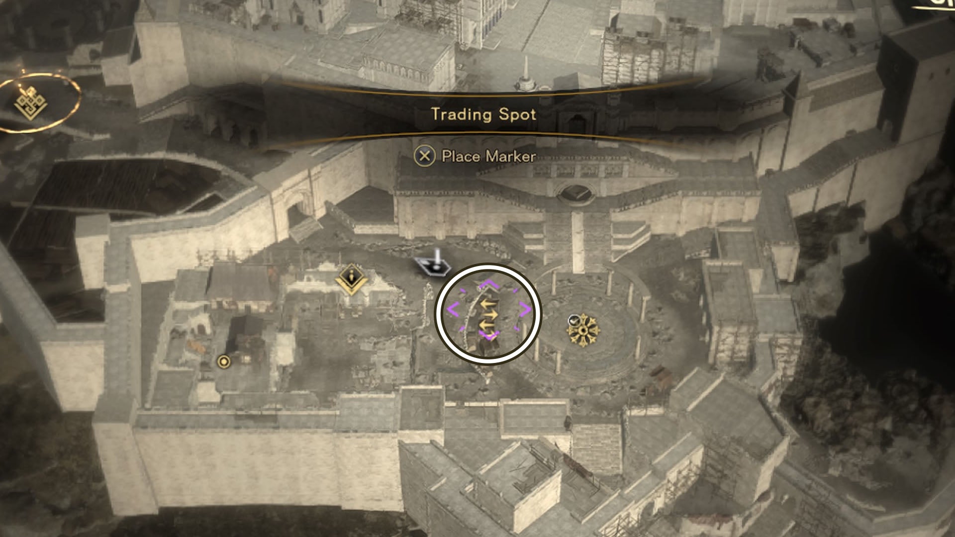 Forspoken, the Trader icon on a close-up map has been circled