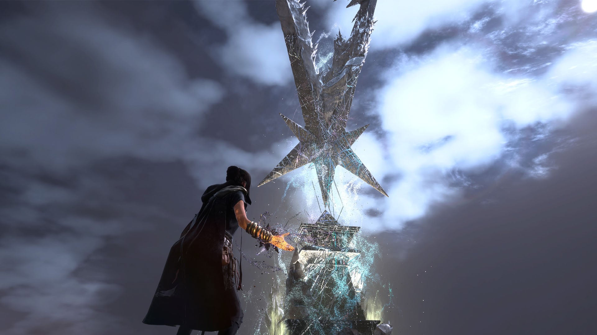 Forspoken, Frey is charging an attack spell to use on the Monument