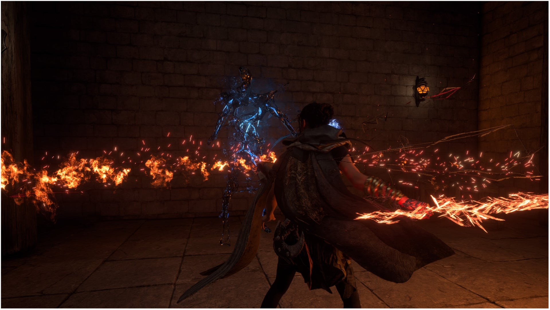Forspoken, Frey uses Tanta Sila's magic fire-based sword to attack a nightmare stuck at the base of the tower.