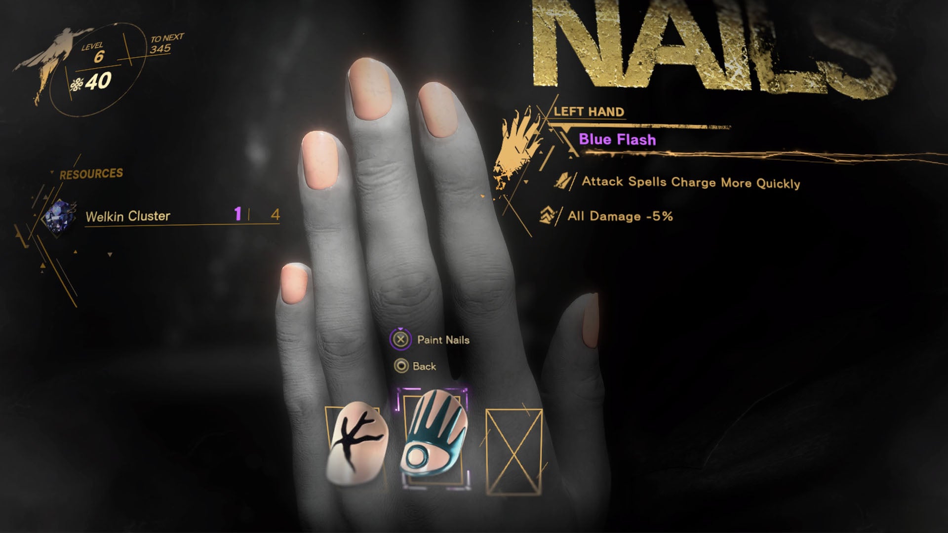 Forspoken, Nail menu for the left hand with Blue Flash nails