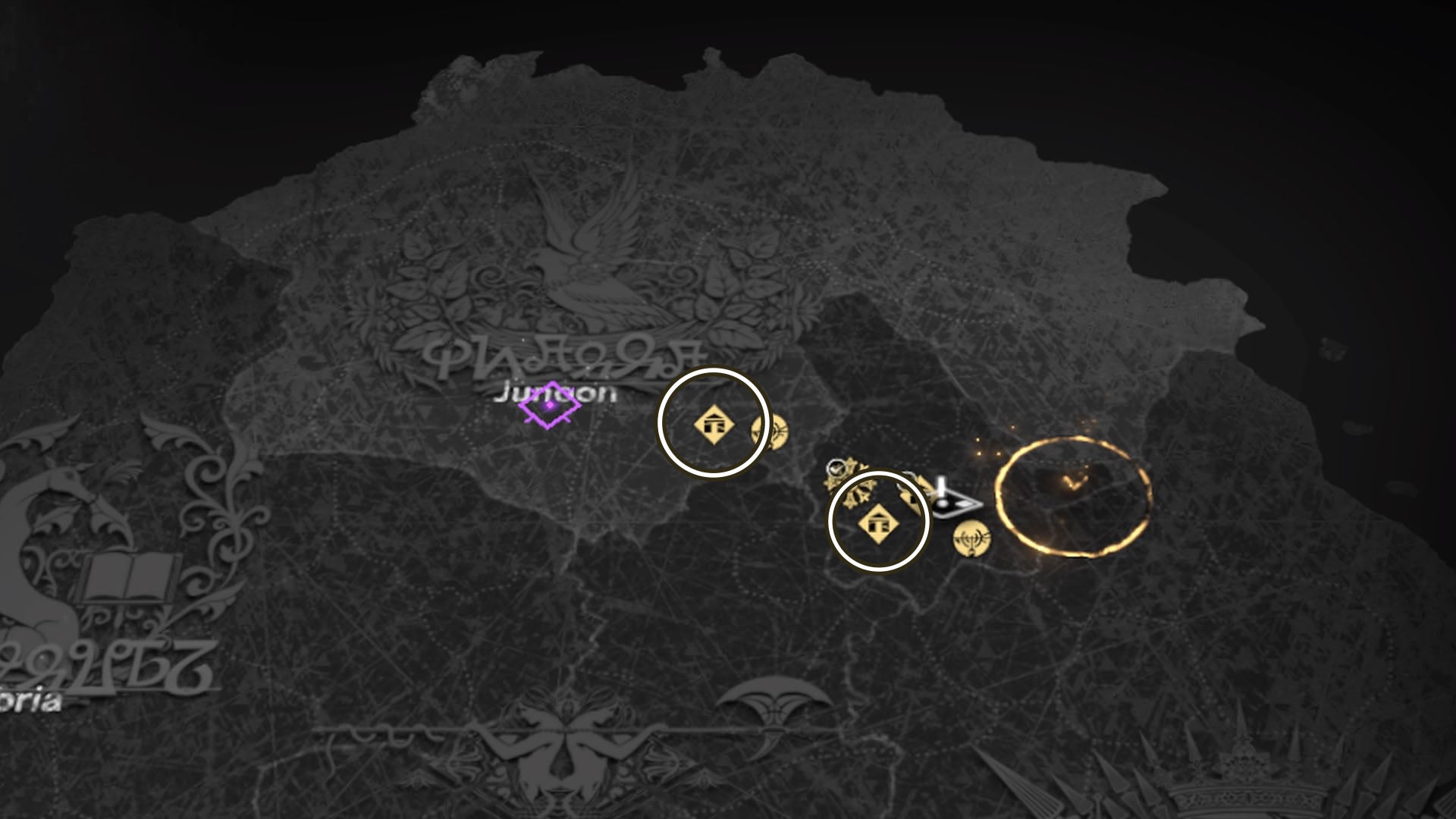 Forspoken, a map of the world with circles around two pilgrim refuges.