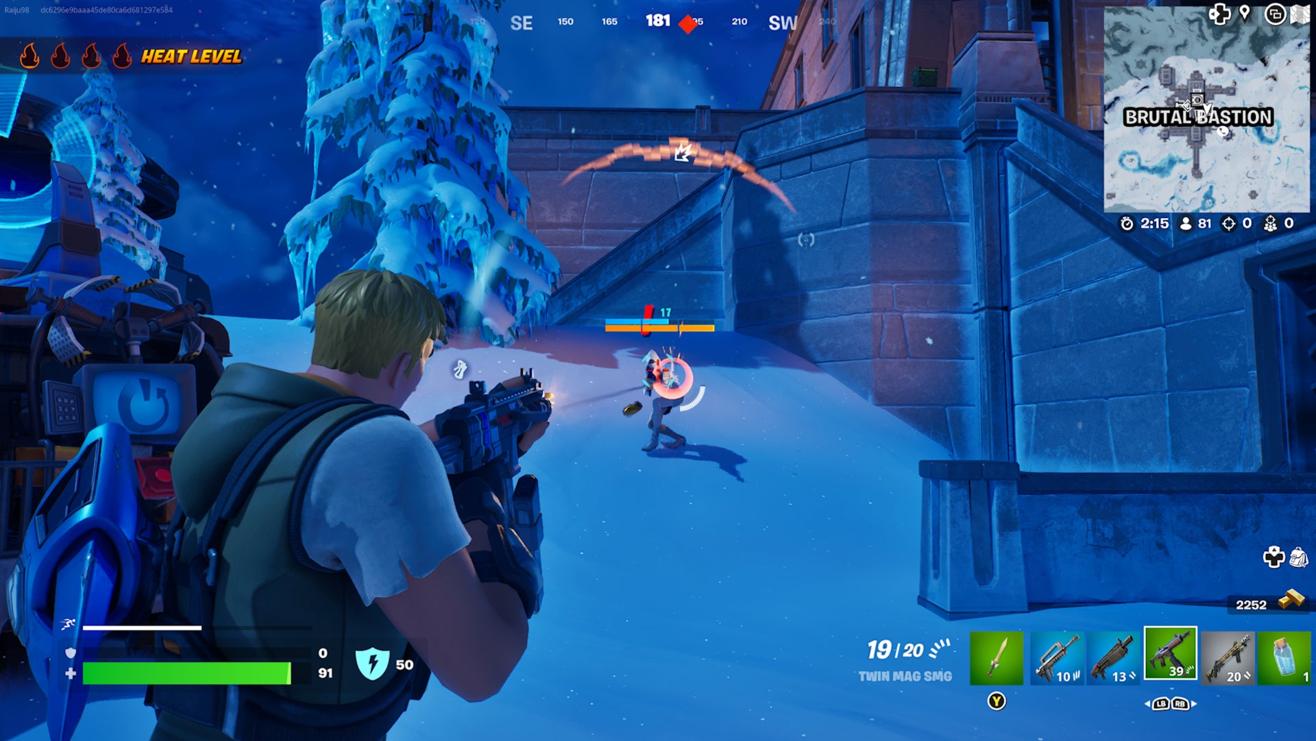 Fortnite, Brutal Bastion, a character fights a boss who is in the snow.