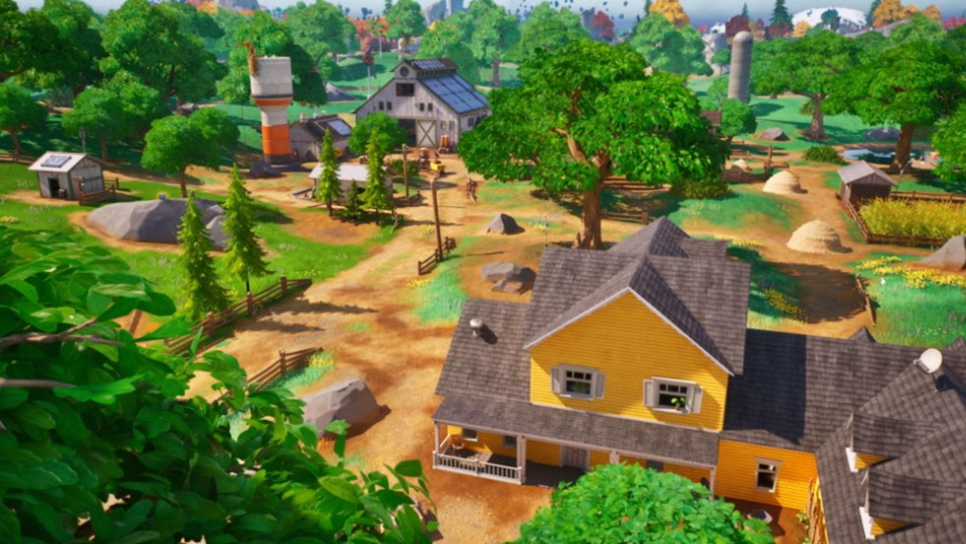 Fortnite, official Epic Games image of a P.O.I, a yellow house in Chapter Four.