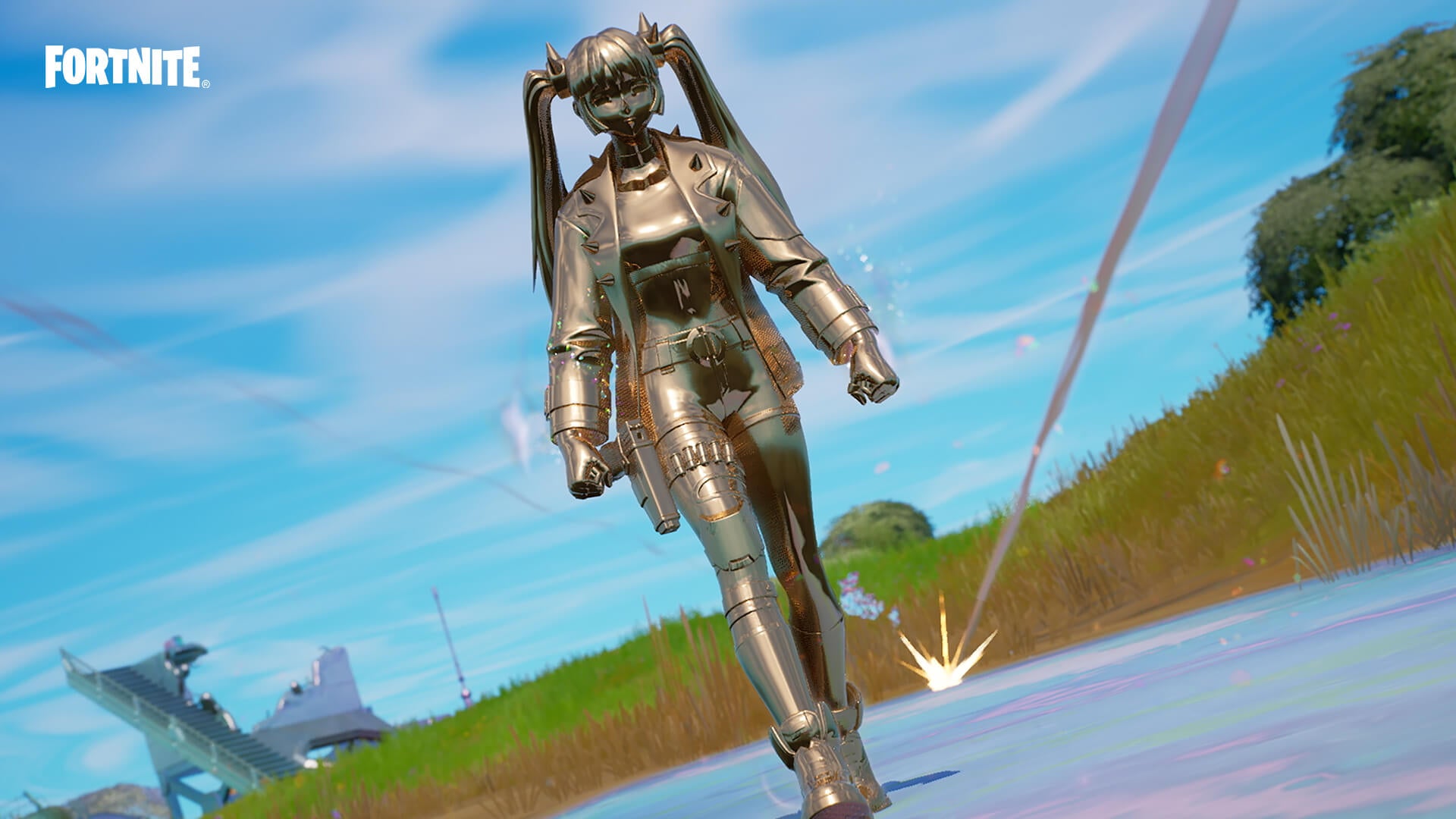 a chrome-covered character walks towards the screen