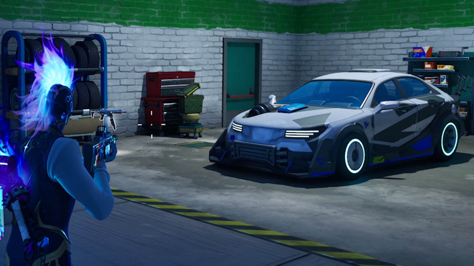 Fortnite, a Nitro Drift vehicle is in a garage near Mega City