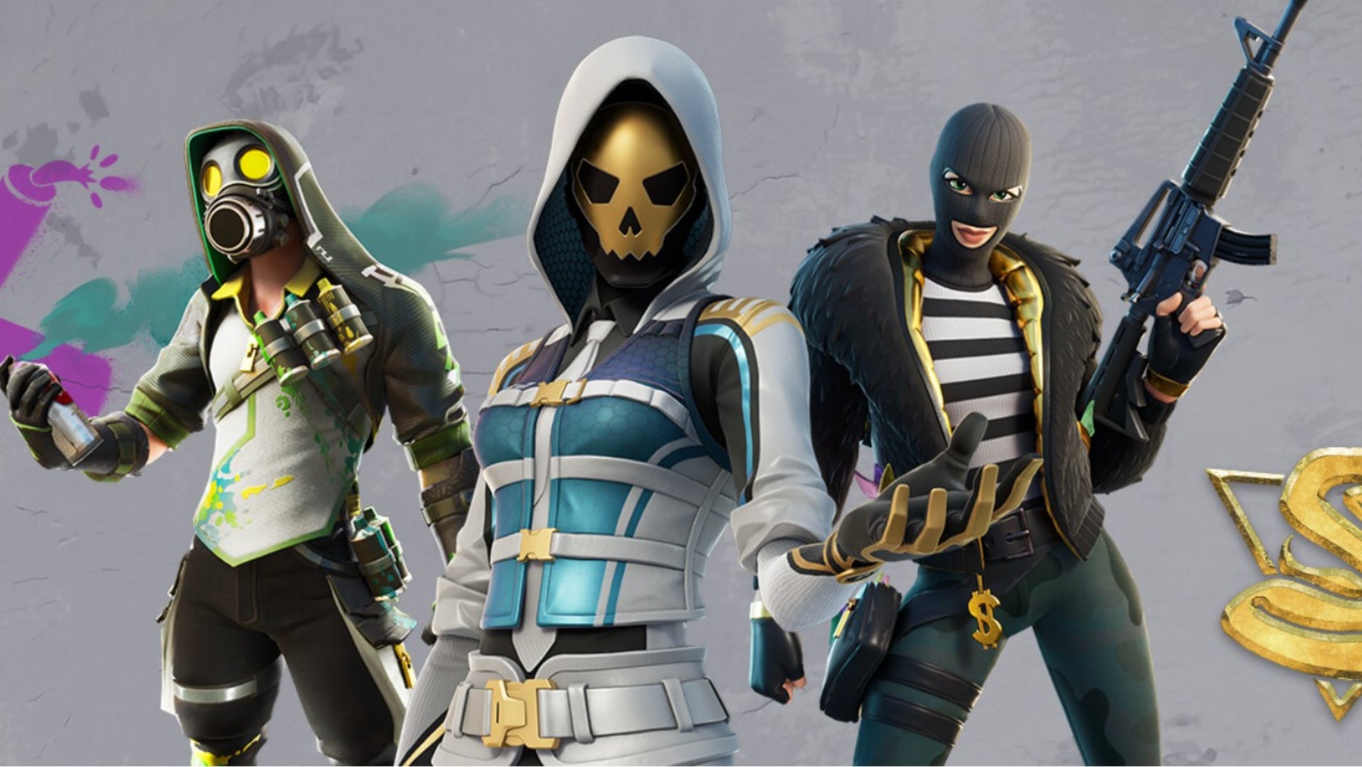 Fortnite, official Epic Games artwork of three characters from the Most Wanted event. In the middle is a character in a gold Skull mask.