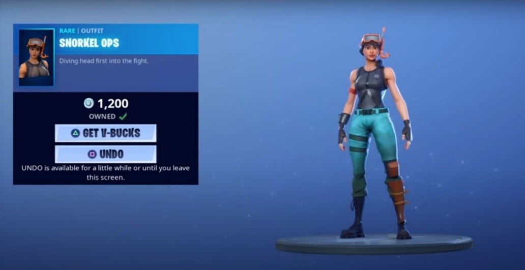 A Fortnite post-purchase store screen. There are two prominent options, one to get V-Bucks and another to "Undo" the purchase. There's also a clear note that the undo option is only available for a short time and until the player leaves the screen