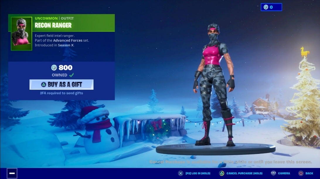 A Fortnite post-purchase screen with one prominent option showing the triangle button to "Buy as a gift." What used to be "Undo" is now "Cancel Purchase (hold)," with the prompt on the bottom row of the screen in smaller print. It is also assigned to the triangle button. The note about canceling the purchase only being available until you leave the screen is in gray text on the bottom of the screen and doesn't stand out very well against an illustrated background