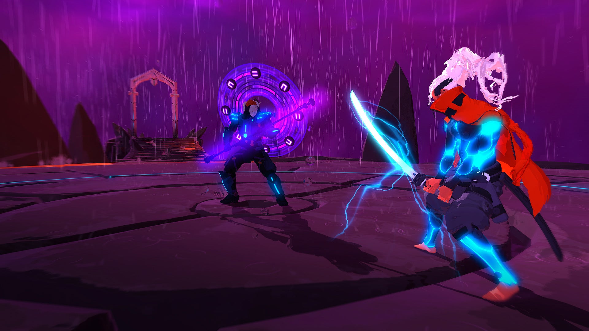 Two characters prepare to duel in Furi