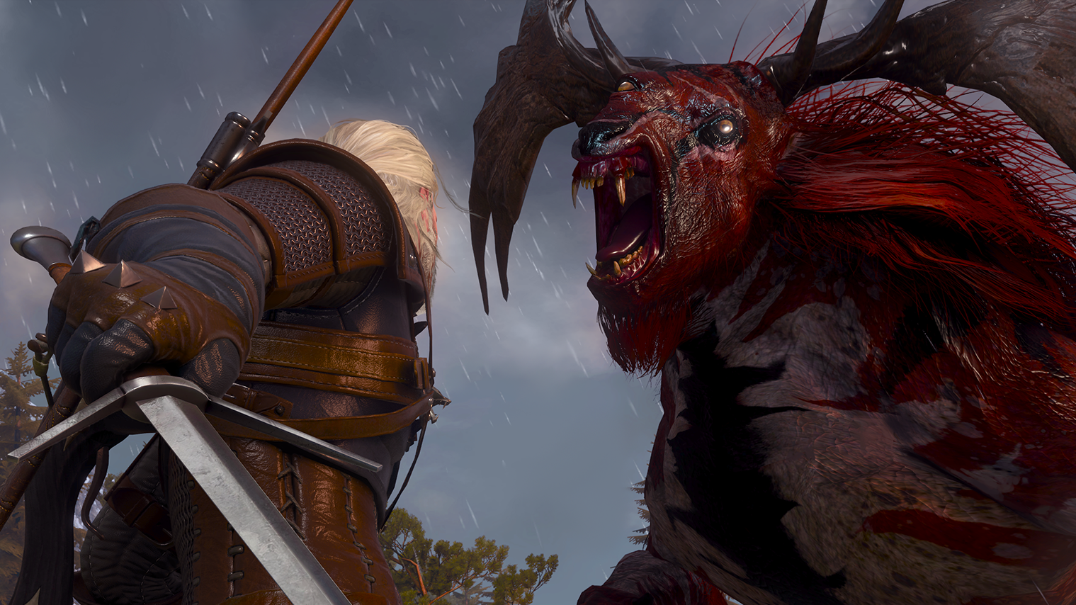 Geralt fights a big horned beast.