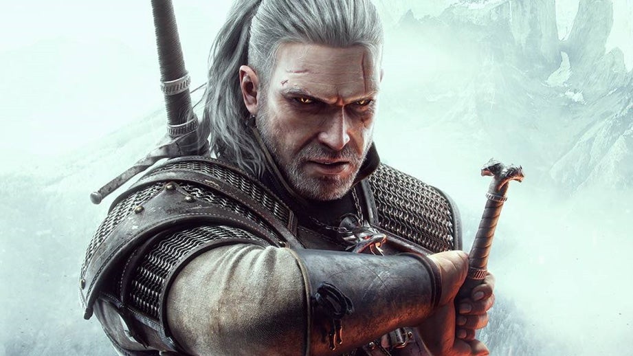 Geralt of Rivia, glowering at the camera, hand on the hilt of a sword. It's the game's cover art.