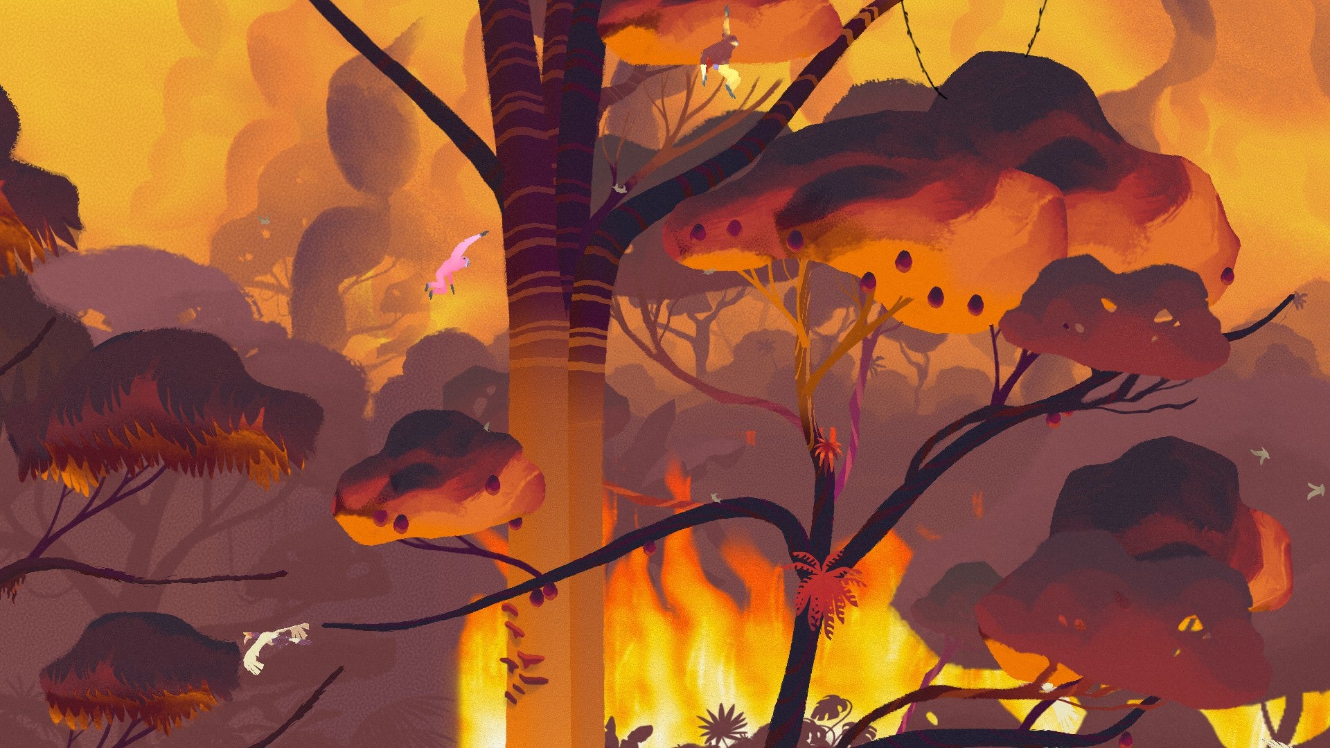 A gibbon swings through a jungle on fire and glowing orange.
