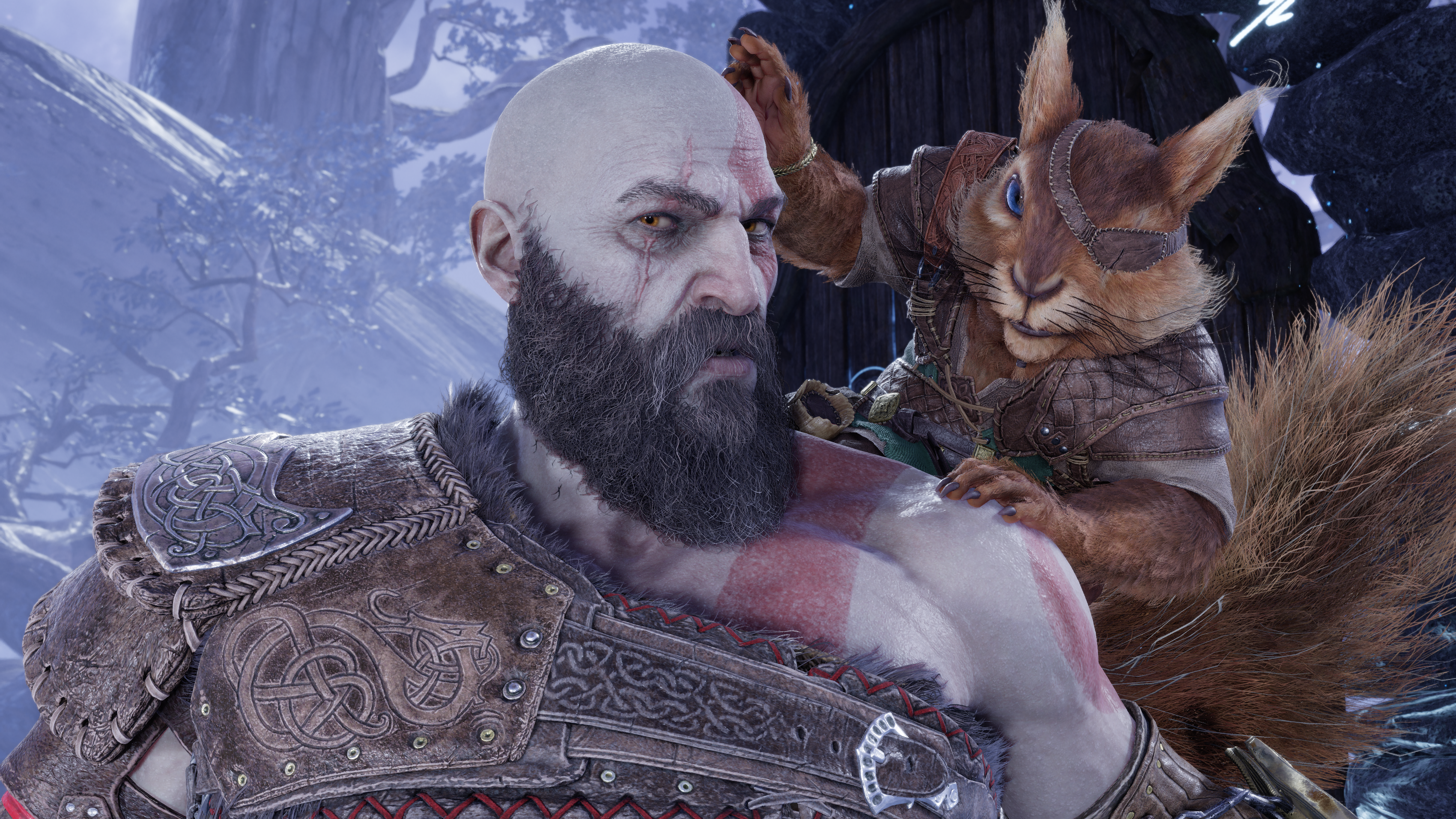 God of War Ragnarok review - Kratos gives the side eye to a talking squirrel with an eyepatch sat on his shoulder