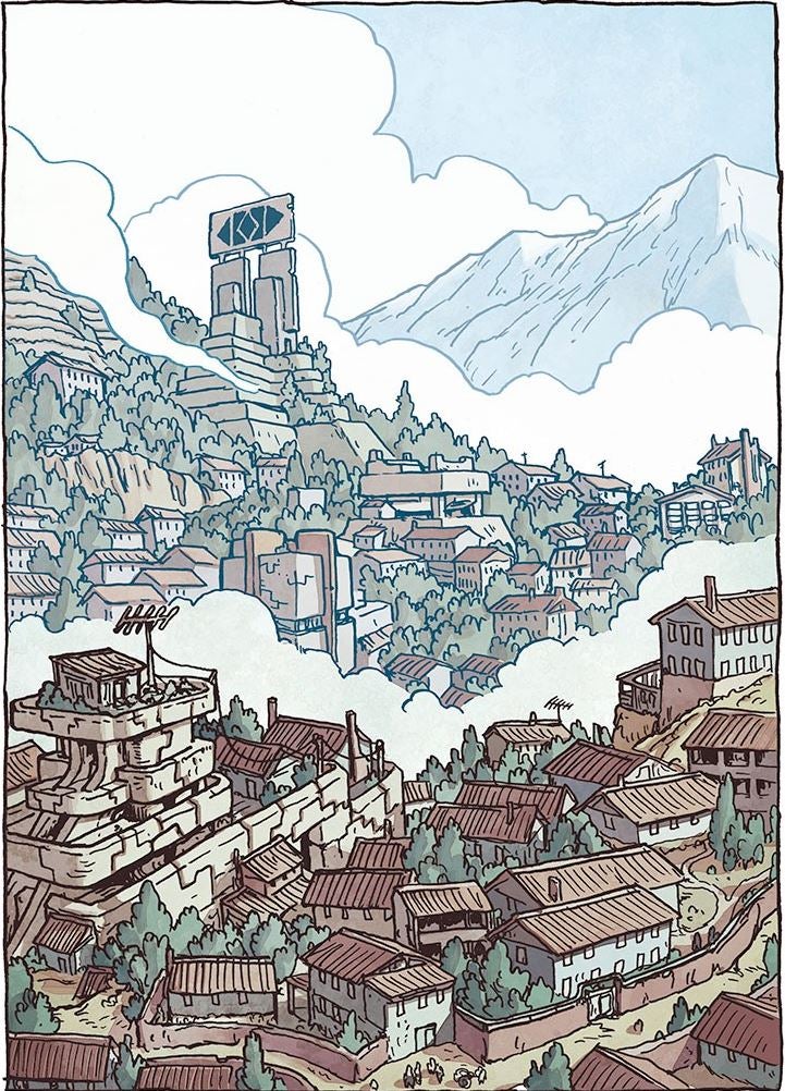 Large image of a city in the mountains with clouds