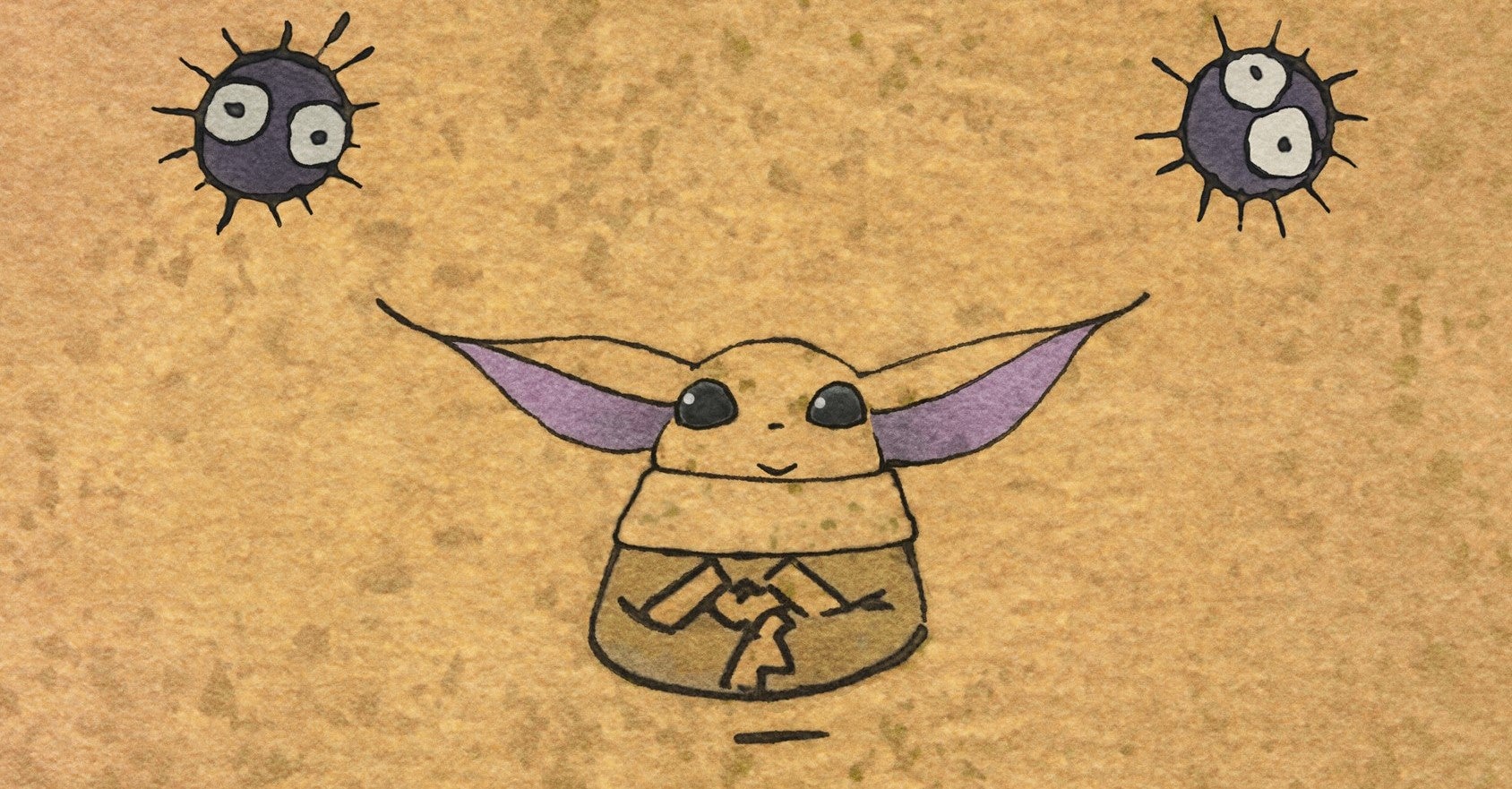 Brown background image of Grogu with two dust bunnies