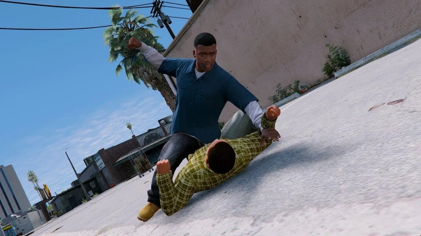 Franklin, one of GTA 5's player characters, sits on top of a man on the ground, preparing to punch him