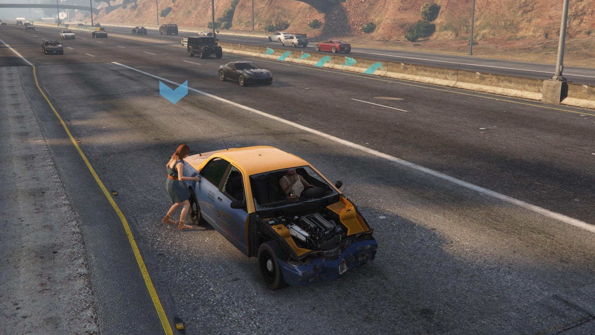 GTA Online, a half-destroyed Taxi picks up a Client
