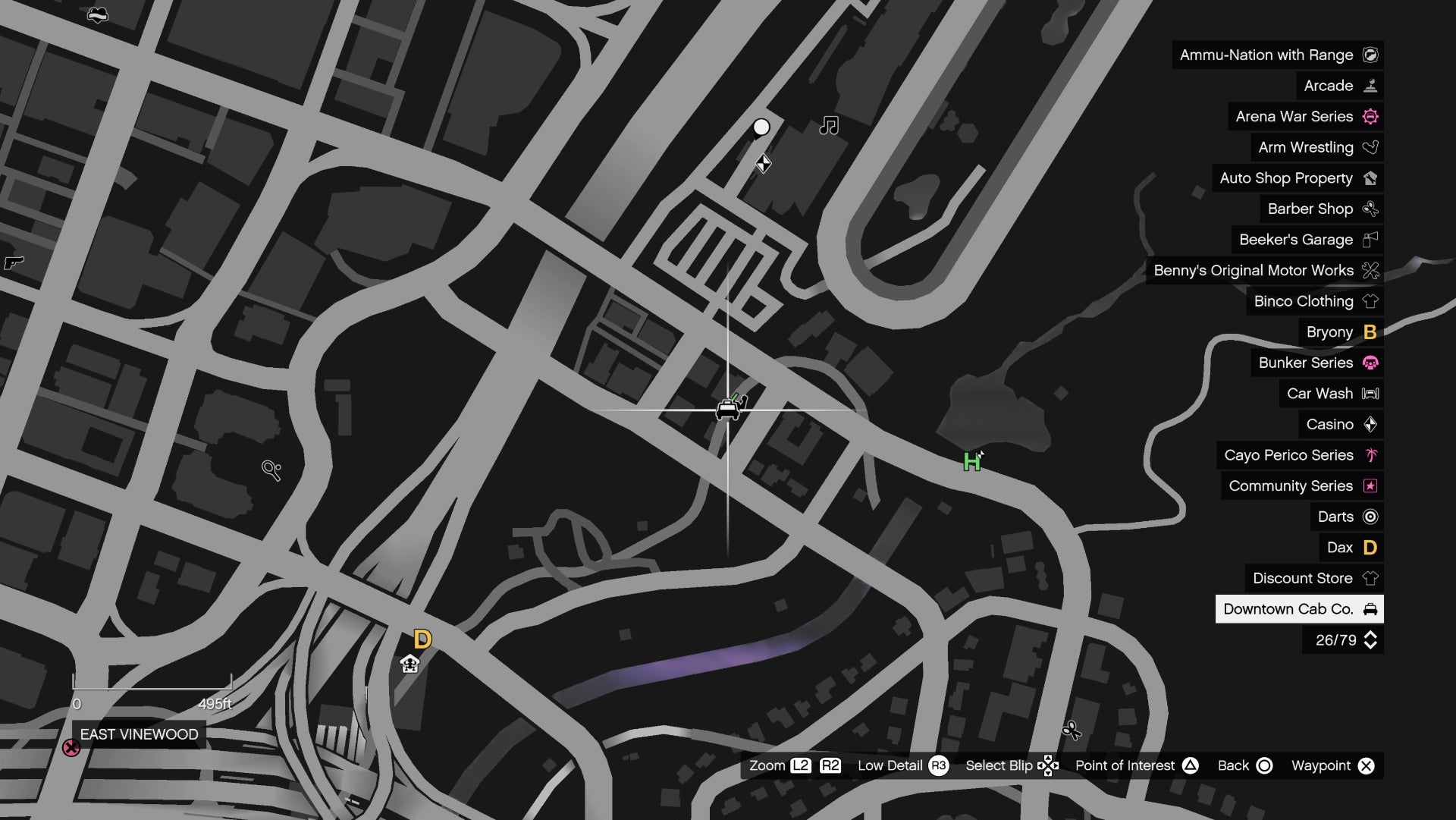 GTA Online, Downtown Cab company icon is marked on a map