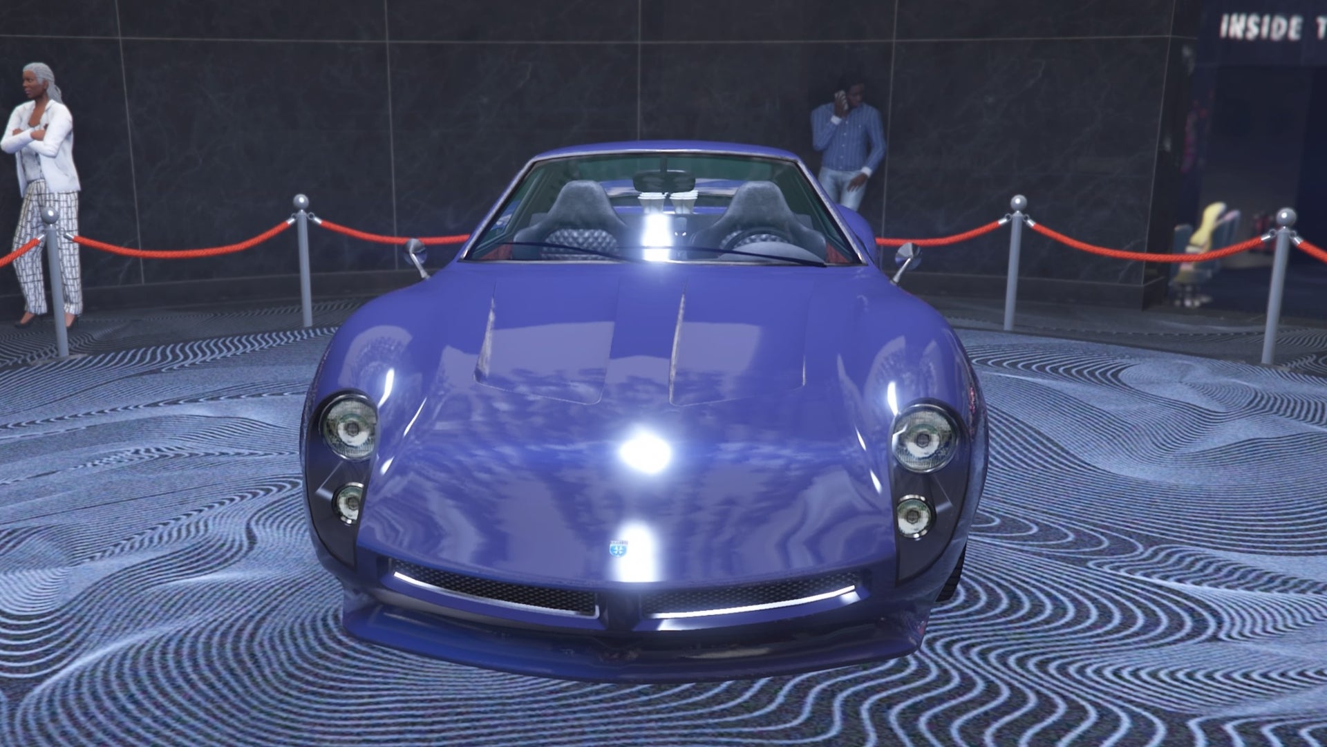 GTA Online, a front view of a blue Stinger GT
