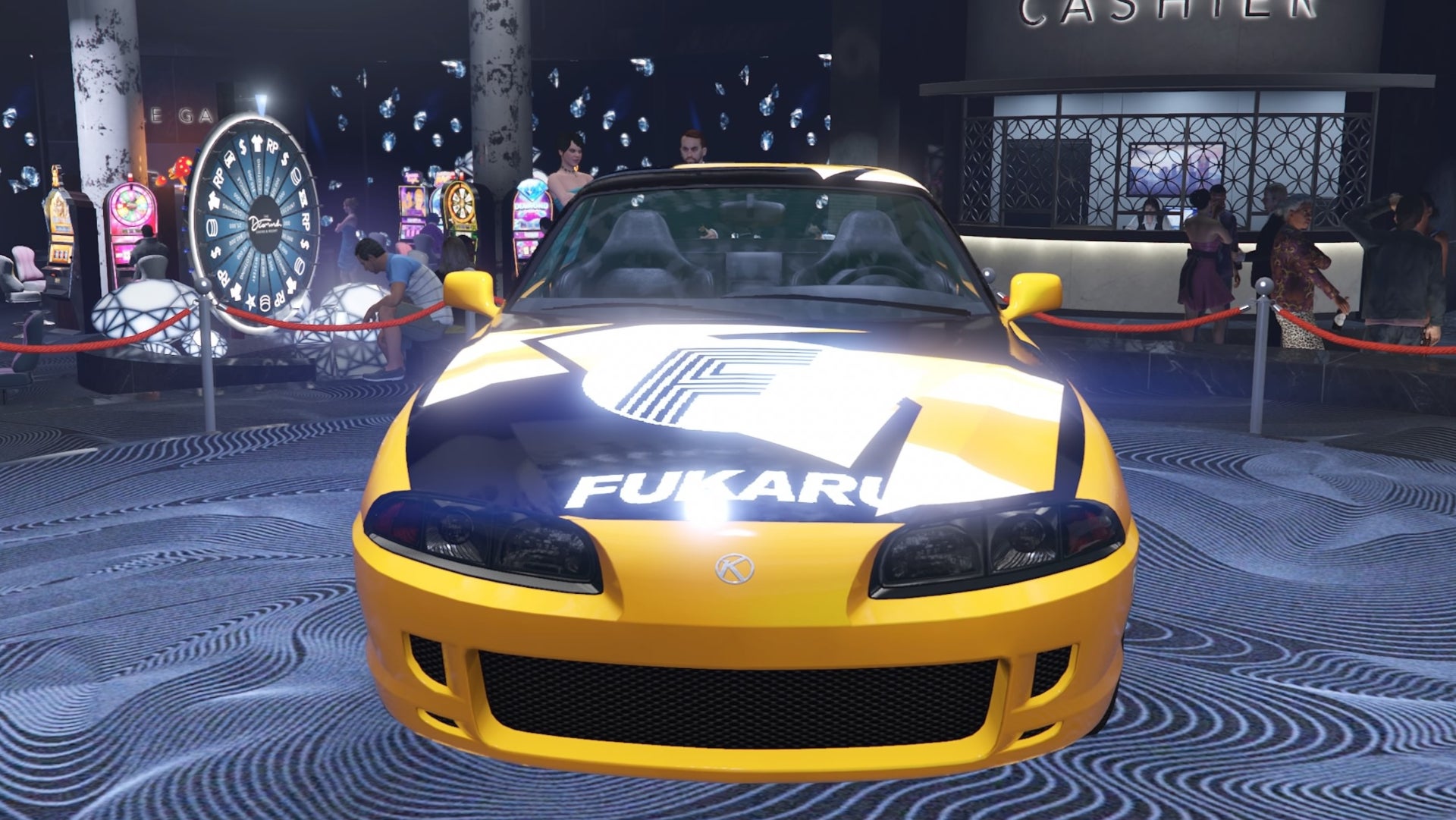 GTA Online, a front view of a yellow Karin Previon on the podium in the Diamond Casino