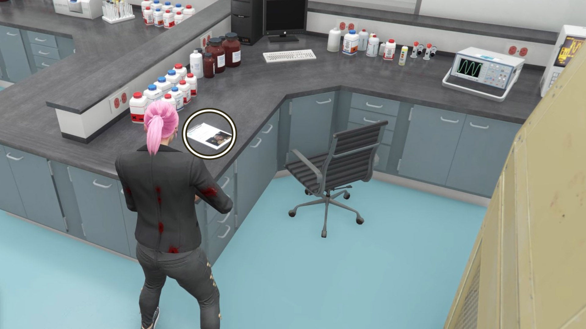 GTA Online, the clipboard in the lab in the Friedmind mission has been circled