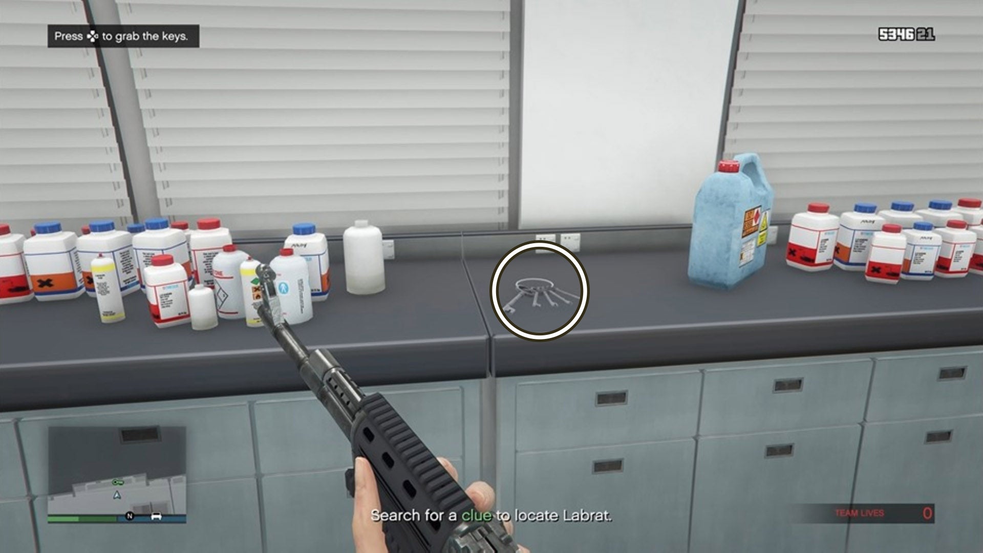 GTA Online, the keys in the lab in the Friedmind mission have been circled