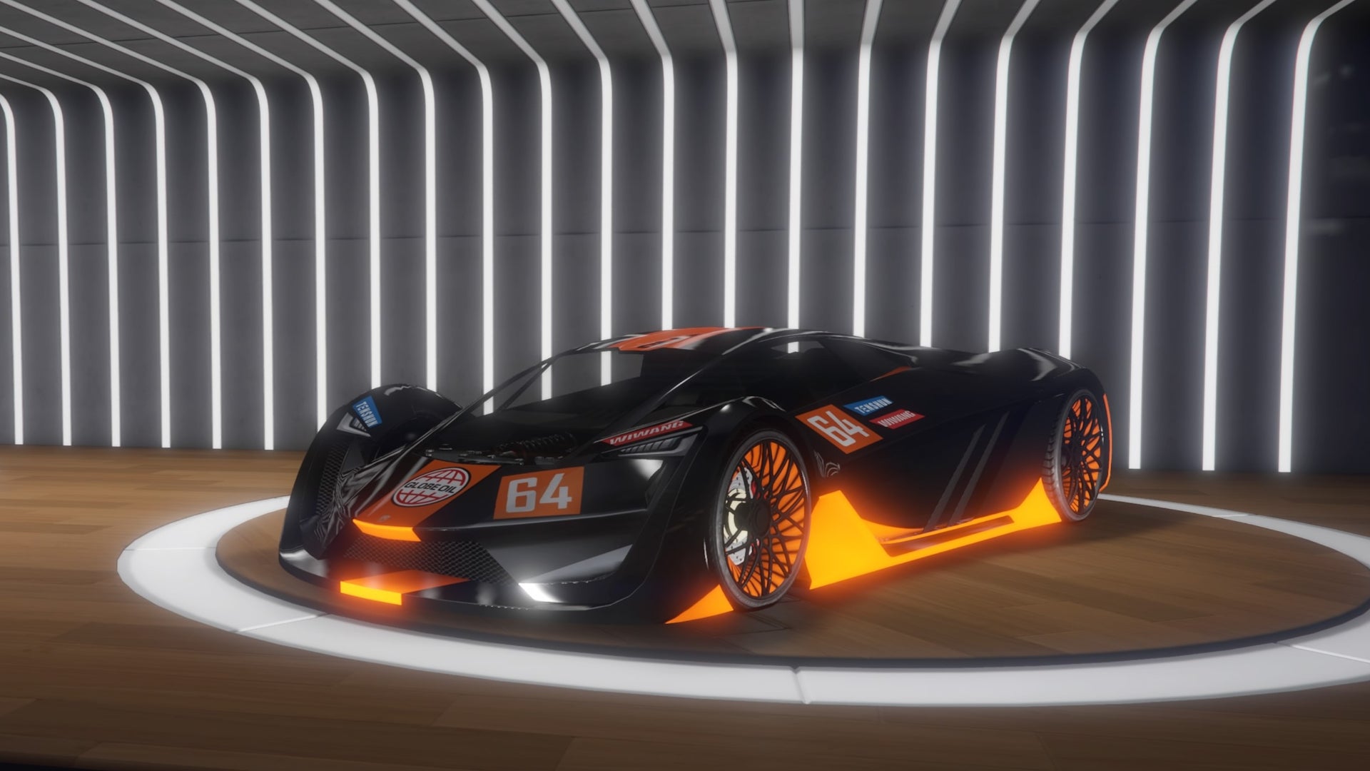 GTA Online, a black and orange Pegassi Tezeract in the Luxury Autos showroom.