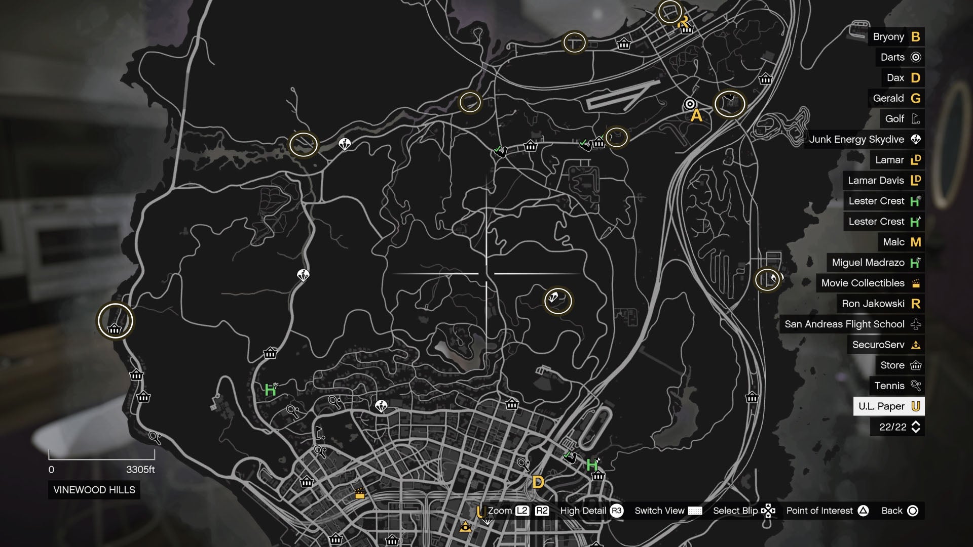GTA Online, the middle section of the map showing the markers for the Gun Van.
