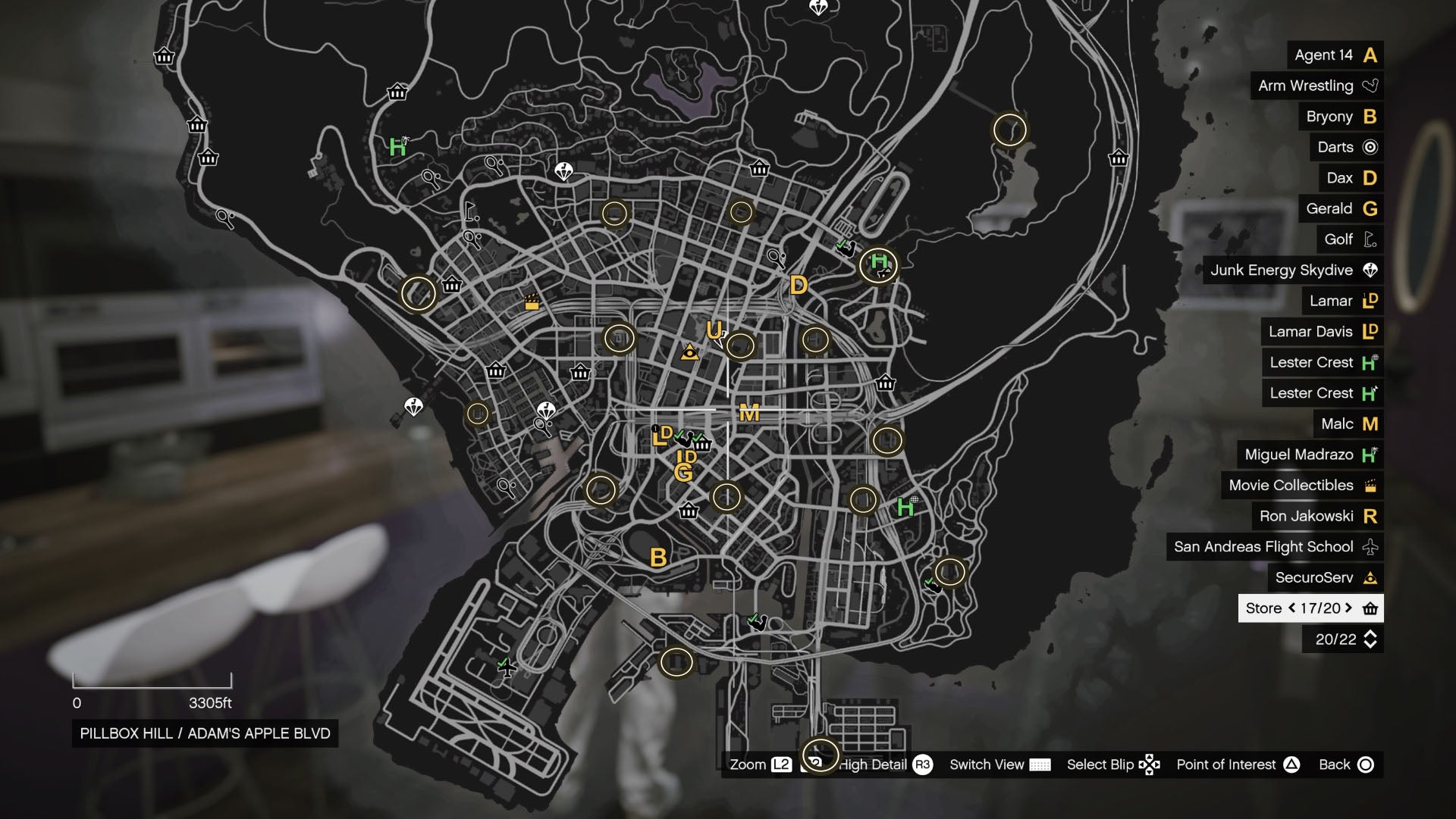 GTA Online, the Southern half of the map showing the markers for the Gun Van.
