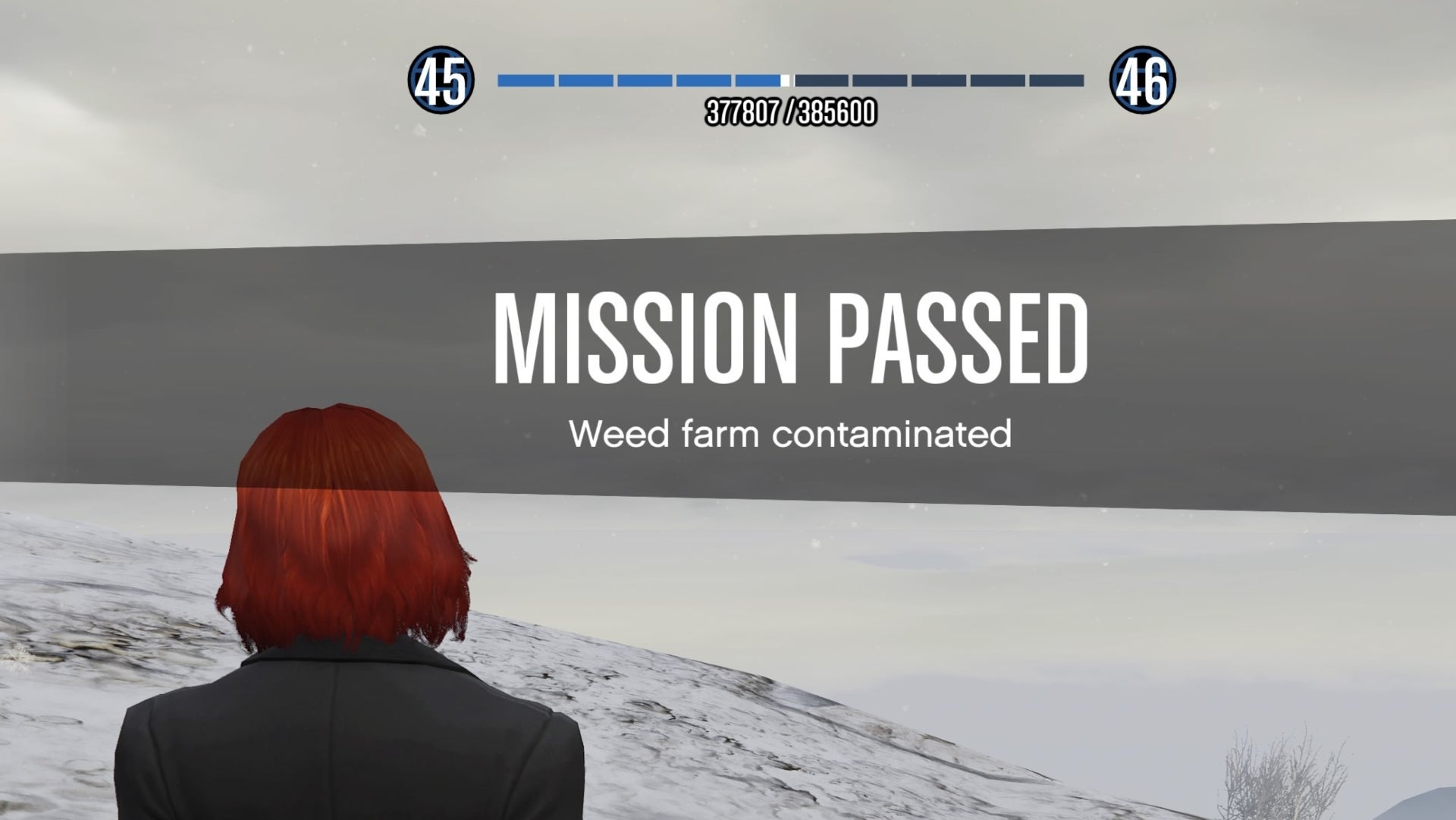 GTA Online, a mission passed screen showing the rank tracker at the top