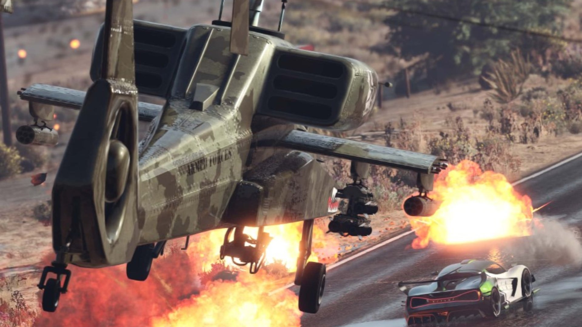 GTA Online, a helicopter shoots down a car