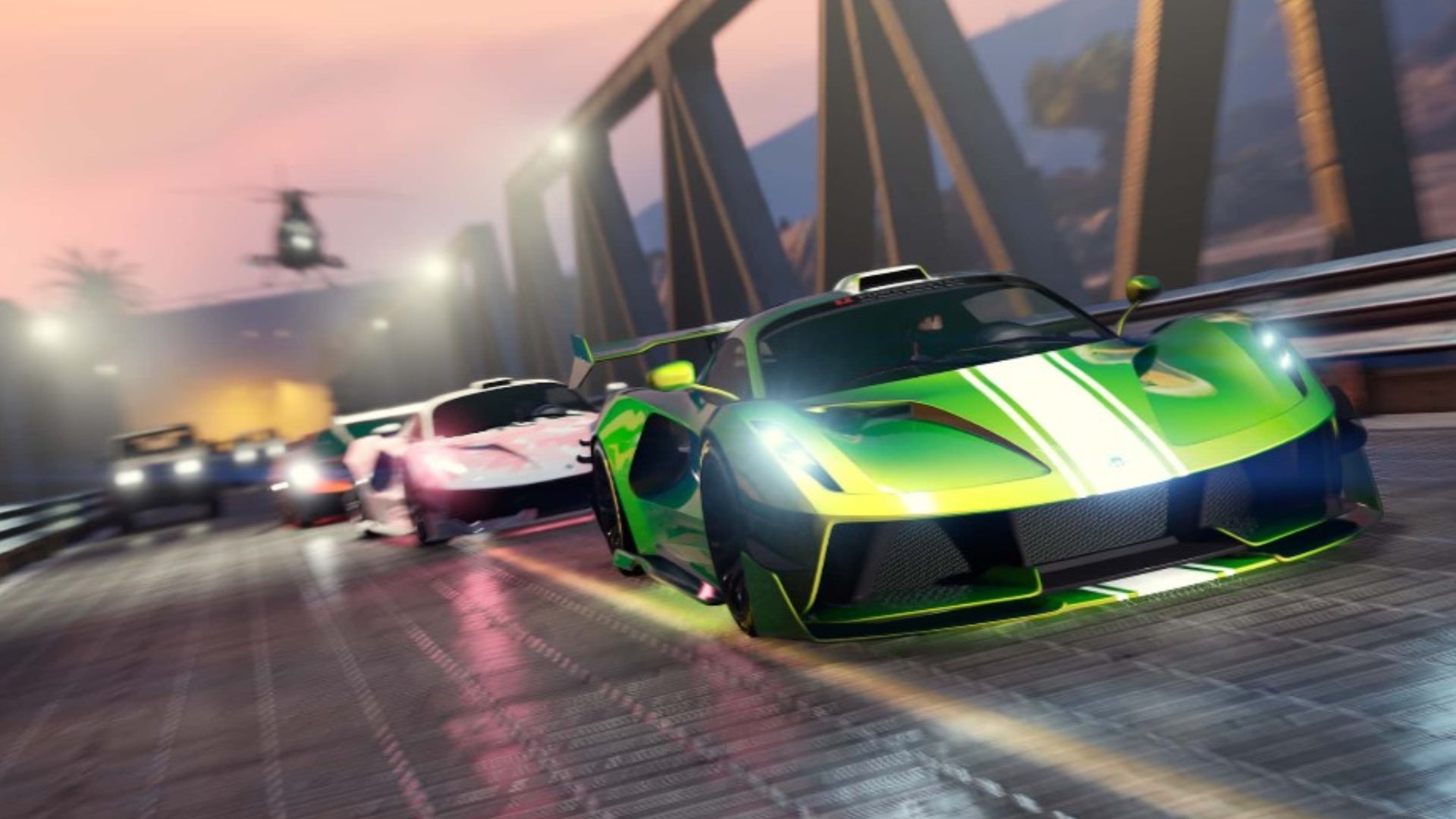 GTA Online, a green Ocelot Virtue is racing other cars