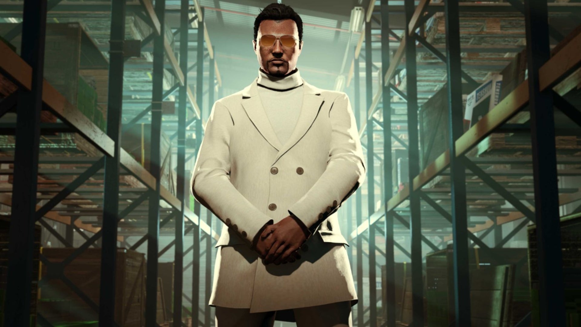 GTA Online, Rockstar Newswire image of a character in a warehouse.