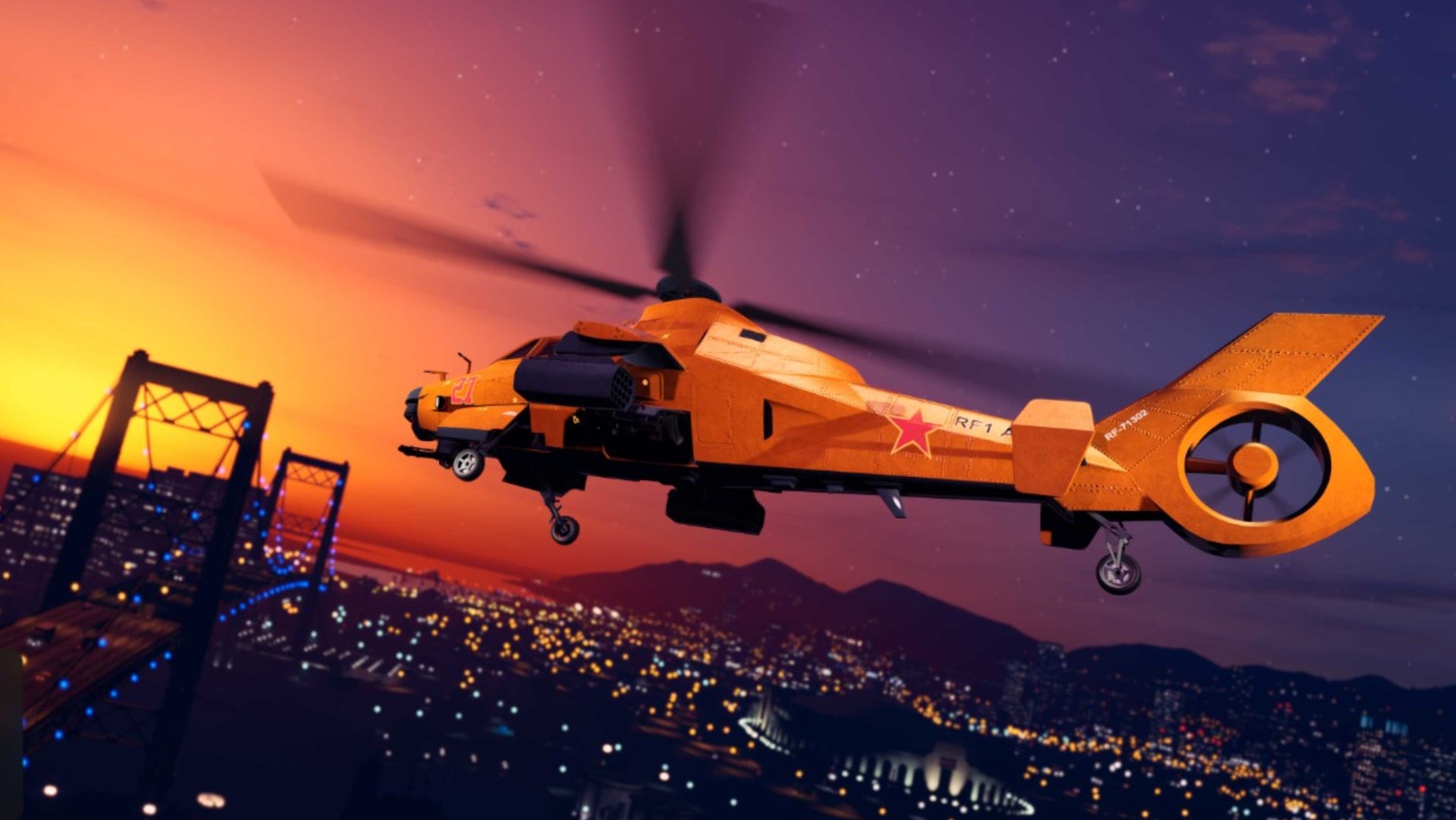 GTA Online, official Rockstar Newswire image of an orange Helicopter