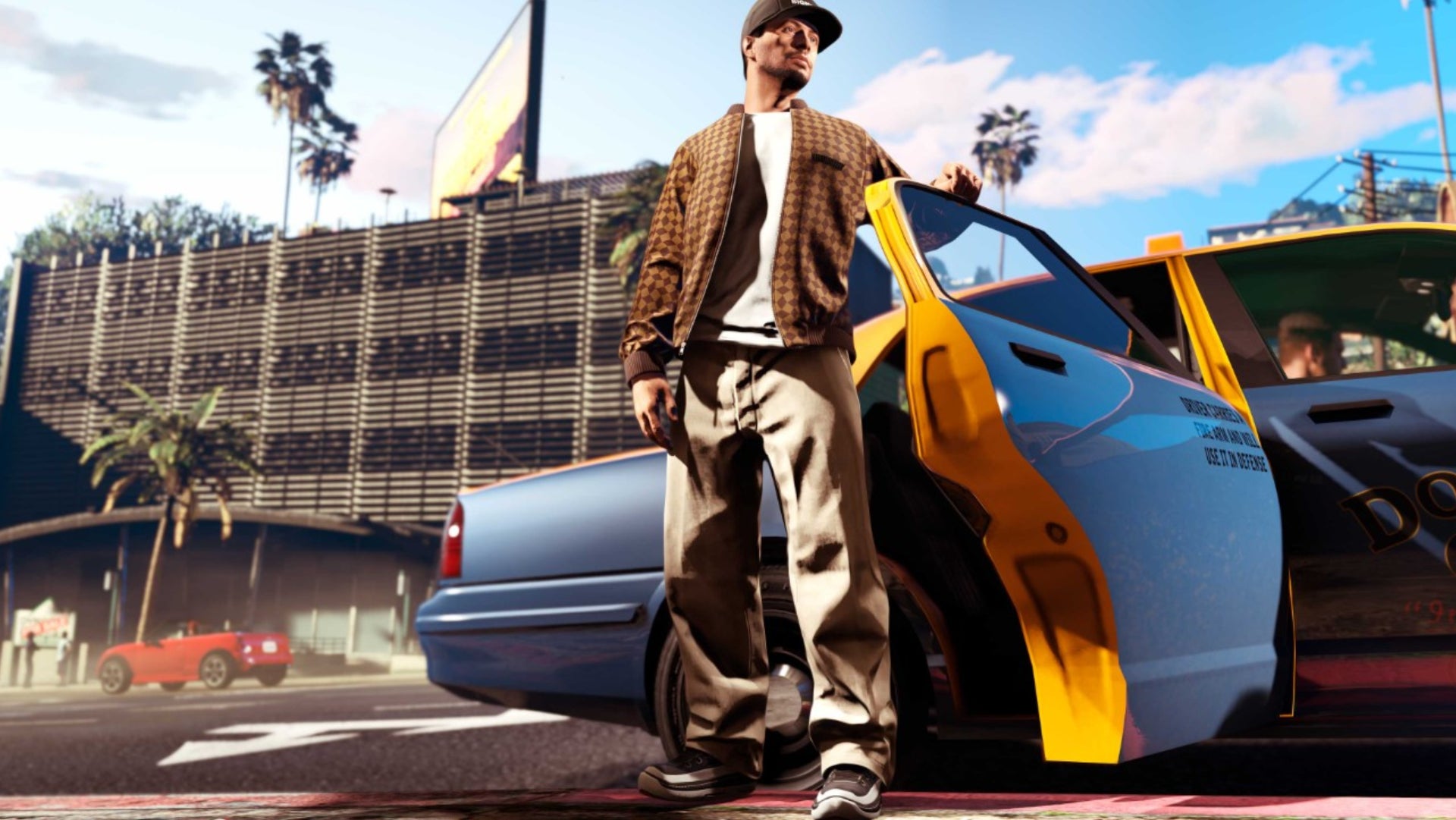 GTA Plus official Rockstar image of a person standing in front of an open taxi door