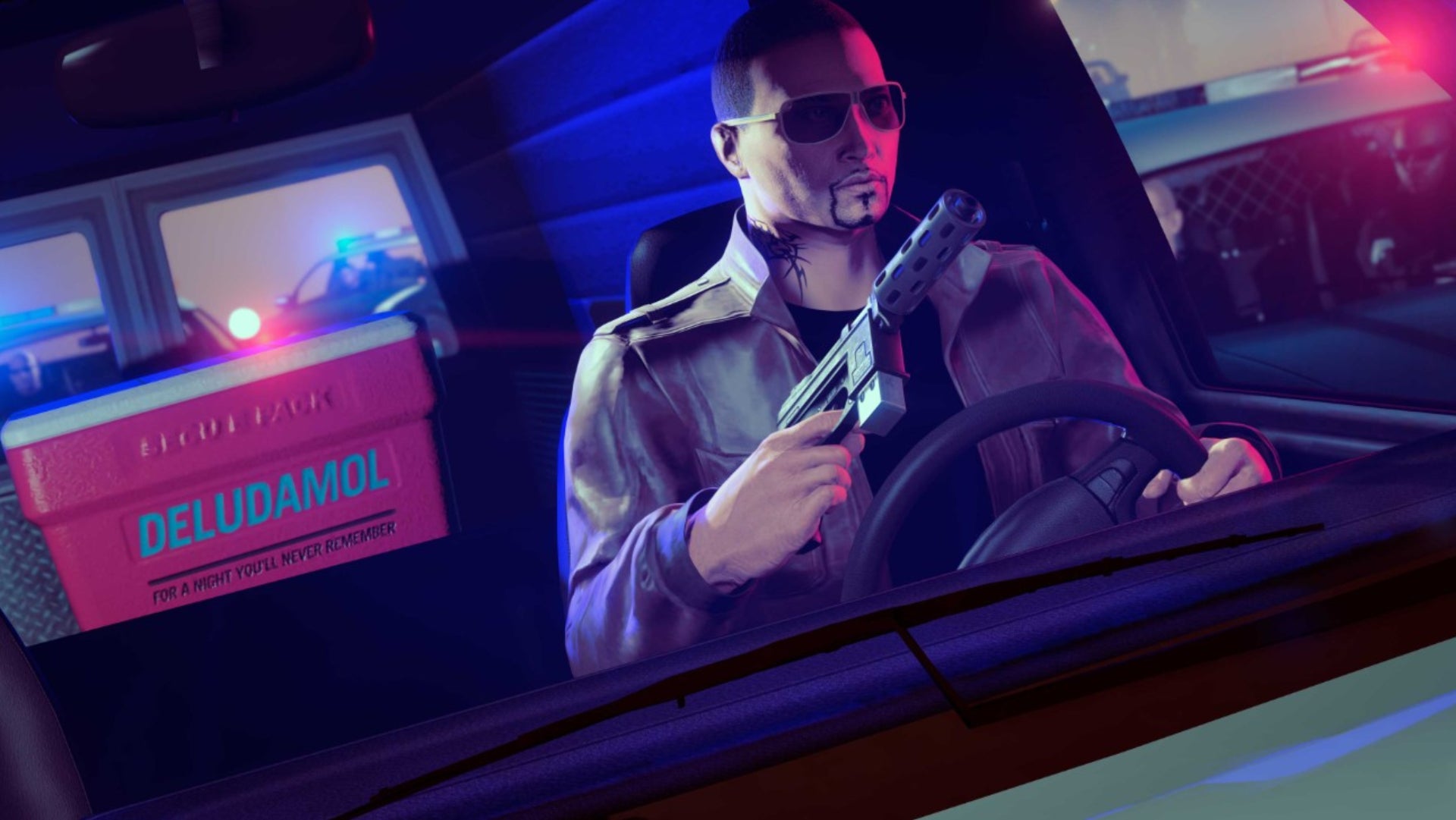 GTA Plus official Rockstar Newswire image of a character holding a gun in a cab