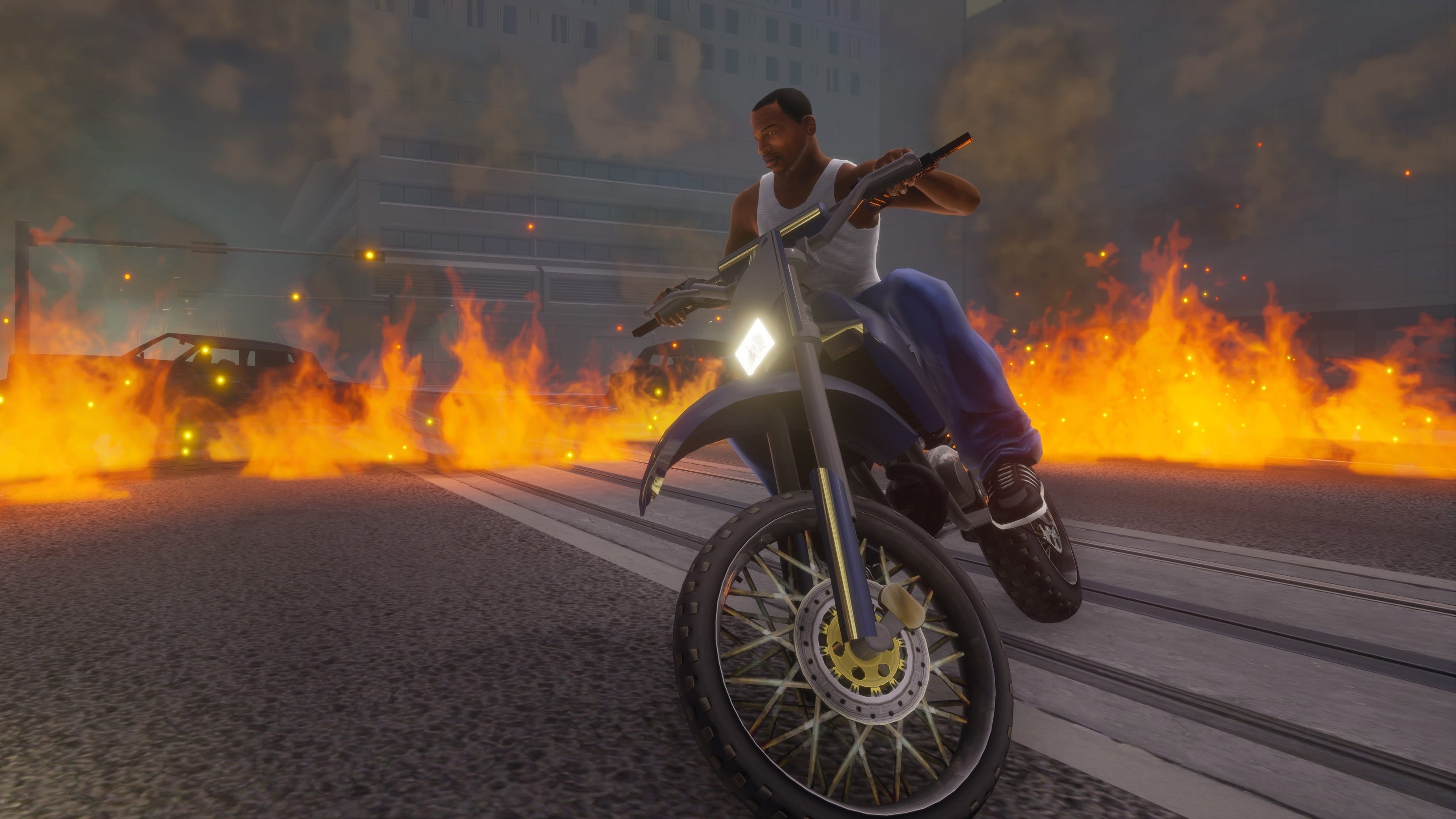 Carl Johnson from GTA San Andreas riding a motorcycle while surrounded by fire