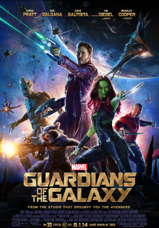 Guardians of the Galaxy poster featuring Gamora, Groot, Rocket, Starlord, and Drax