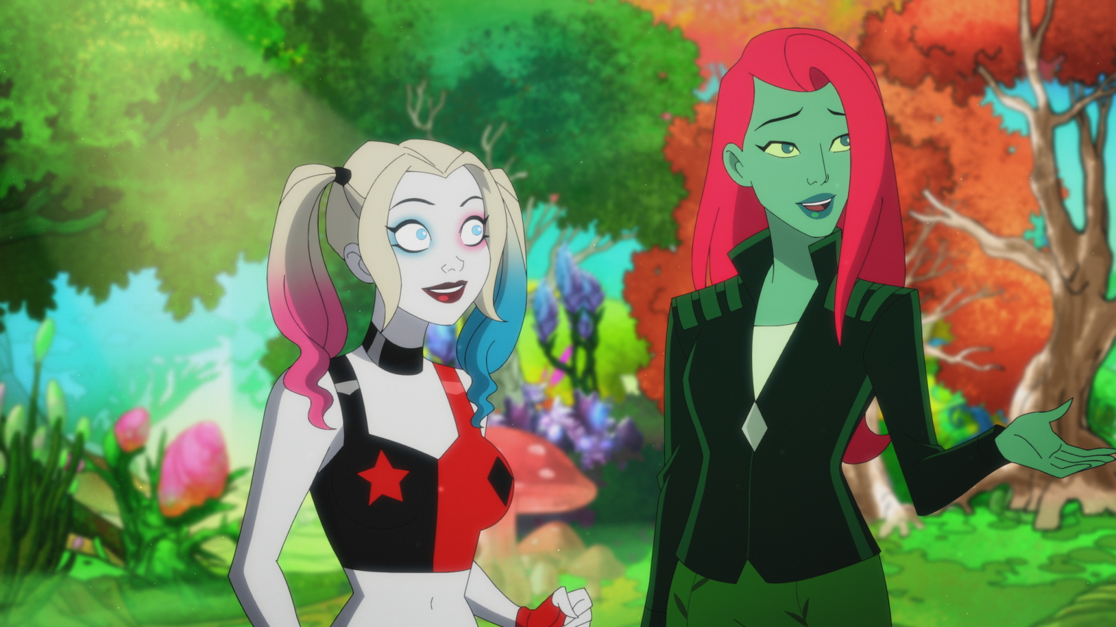 Harley Quinn stands with Poison Ivy