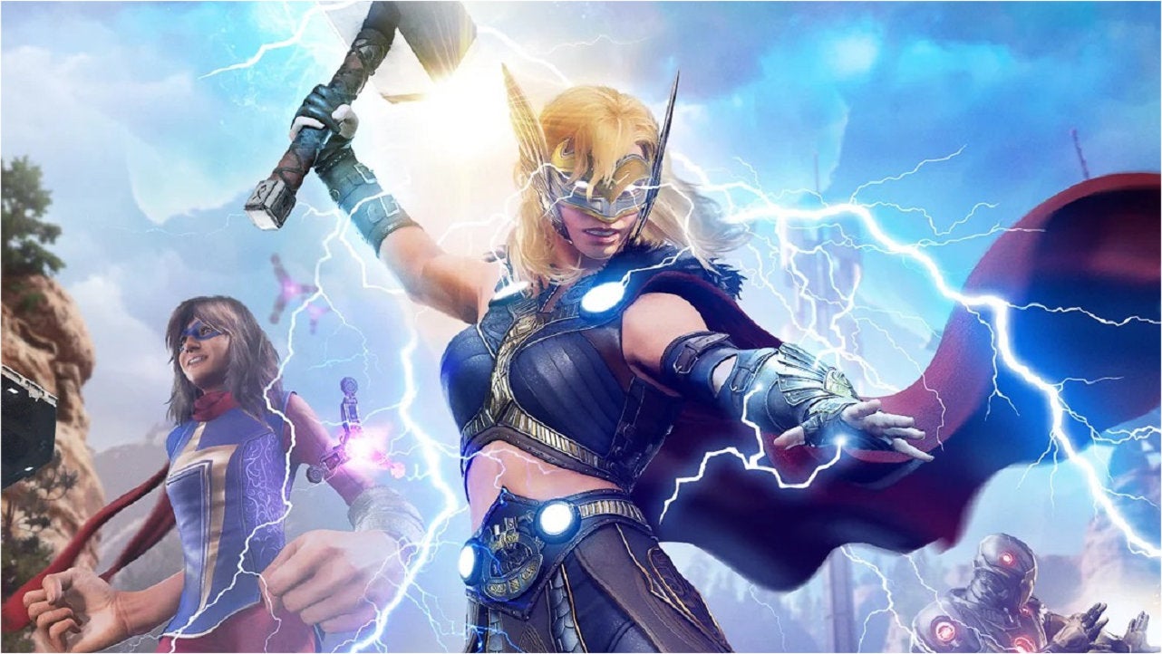 Might Thor w Marvel's Avengers, z młotem w dłoni i błyskawicami