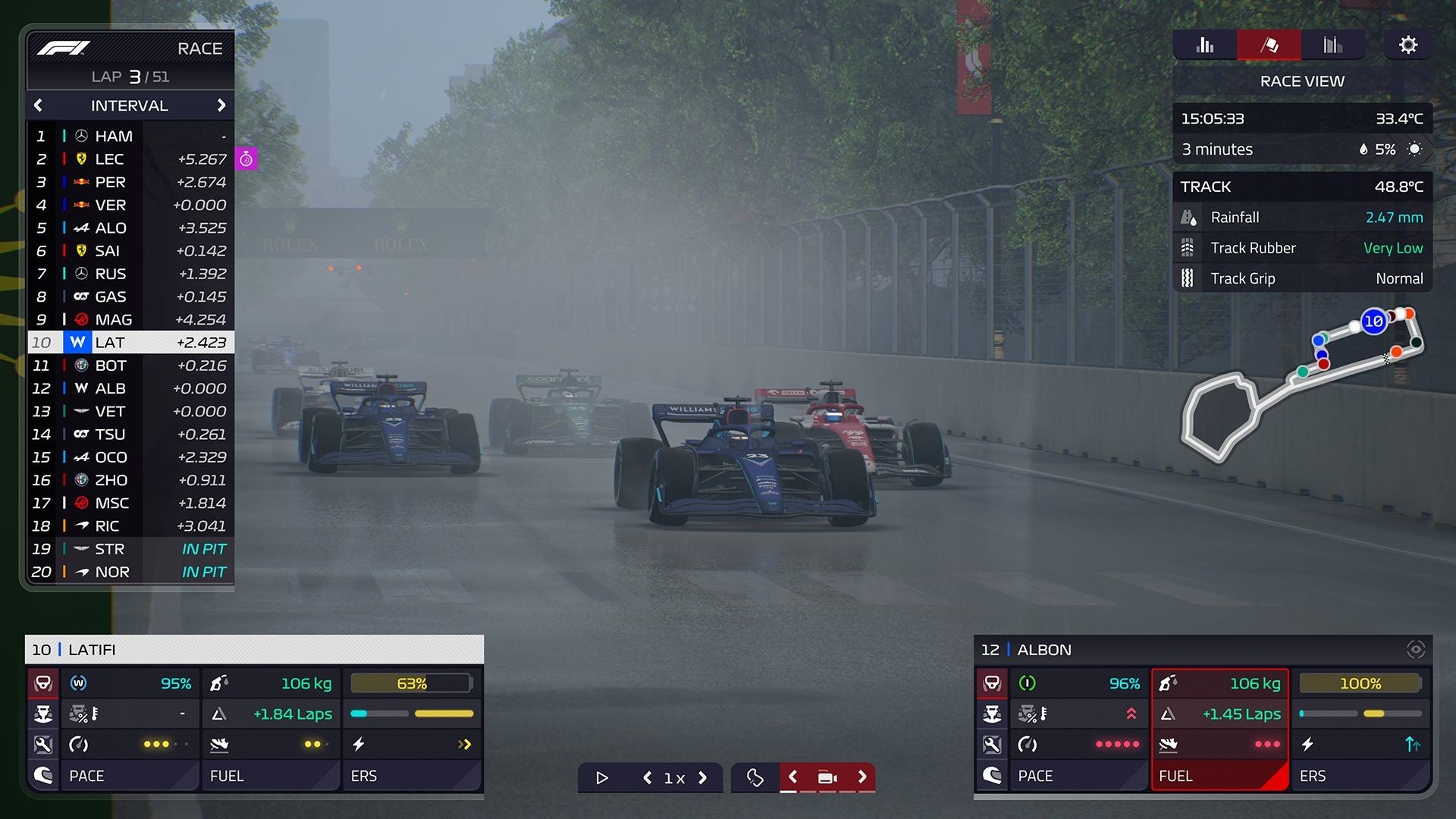Screen z F1 Manager 2022, wyścig w deszczu