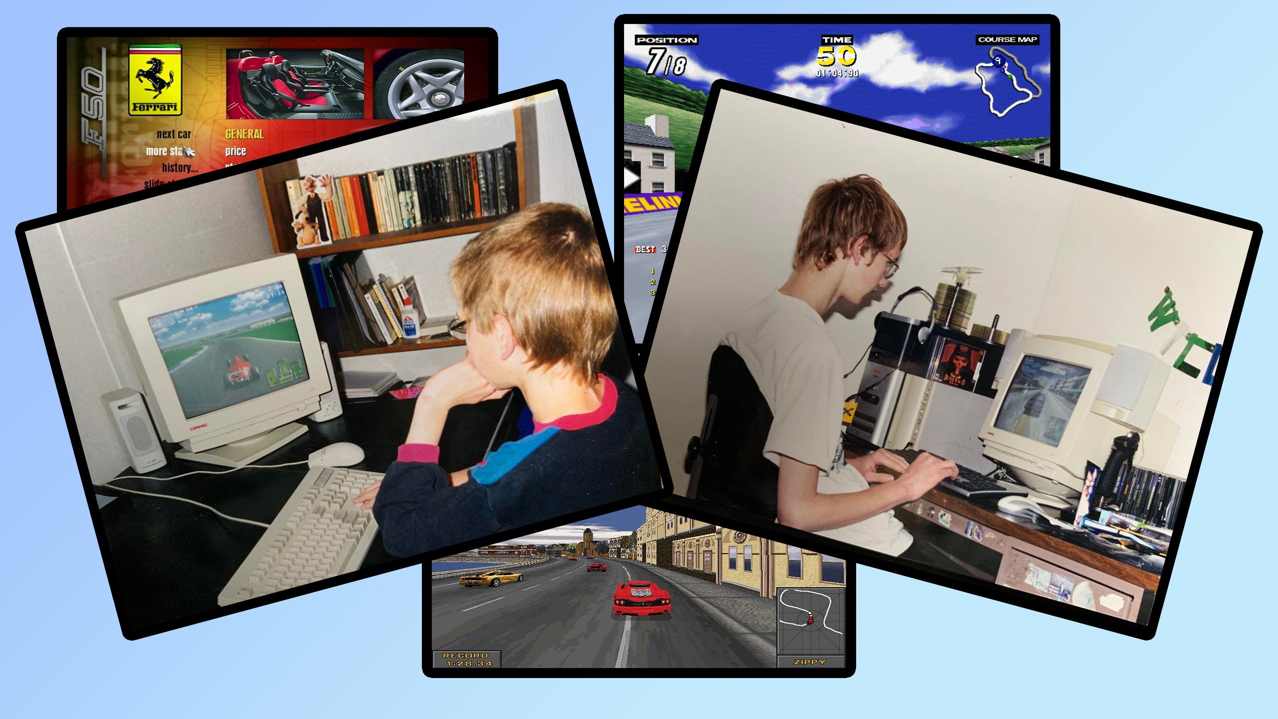 a depiction of photographs of will judd as a child and old racing game screenshots, arranged in a messy stack