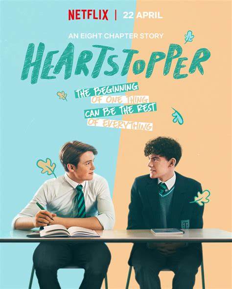 Poster of Heartstopper, Charlie and Nick sit side by side at desk, looking at each other