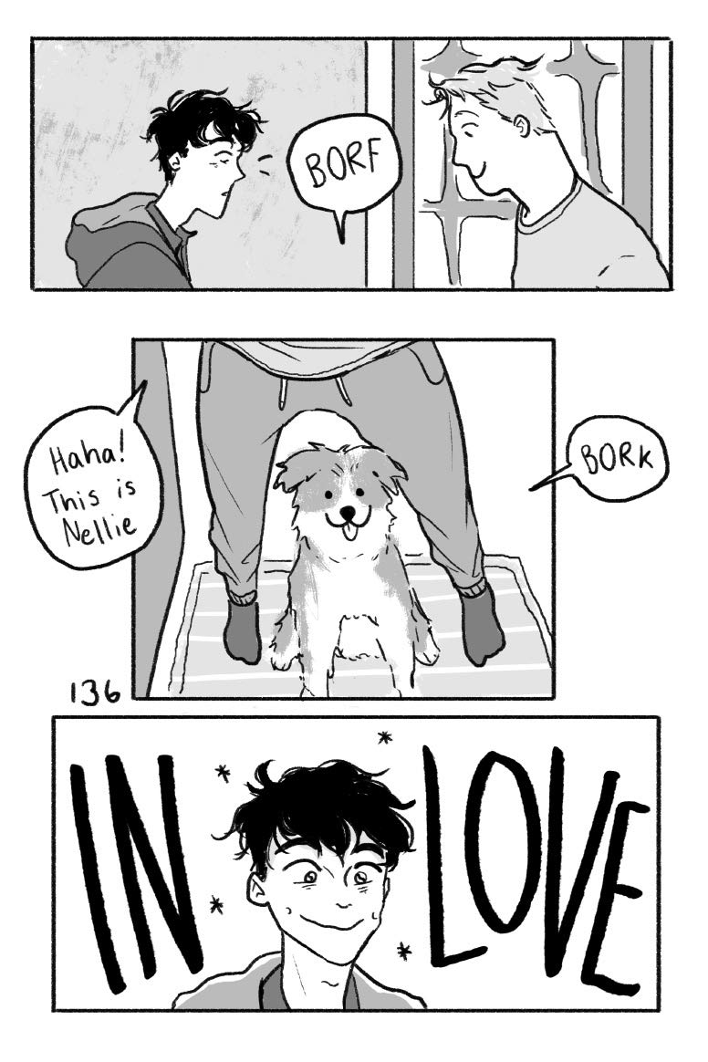 Interior page of Heartstopper comic. Charlie and Nick face each other, when Charlie sees Nellie the dog and is "IN LOVE"