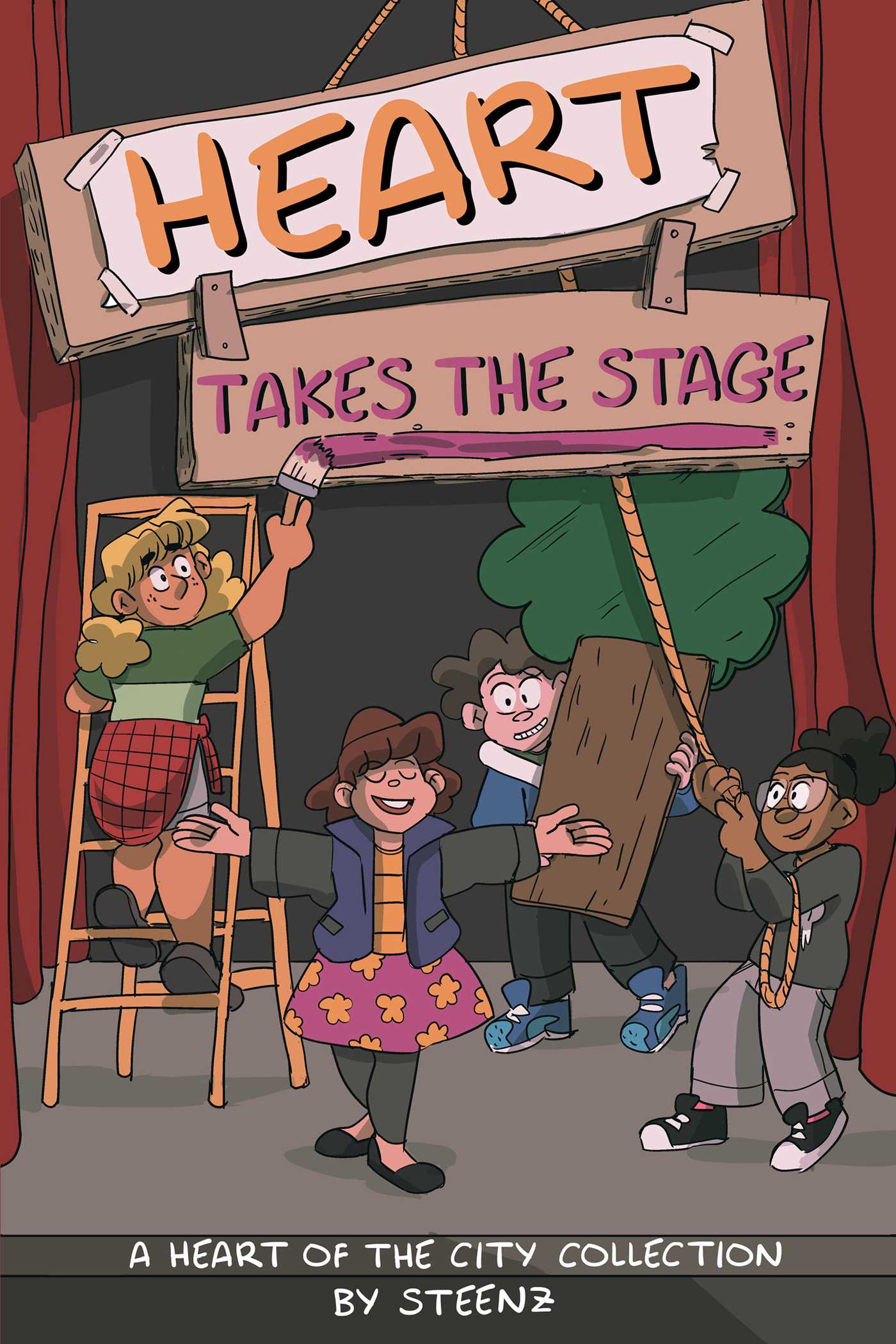 Cover of Heart Takes the Stage featuring characters setting up a stage set