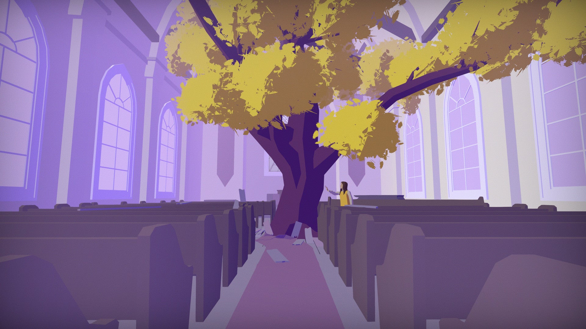 The interior looks like a church, with a tinge of purple. But in the middle of where the podium was, there was a huge tree.