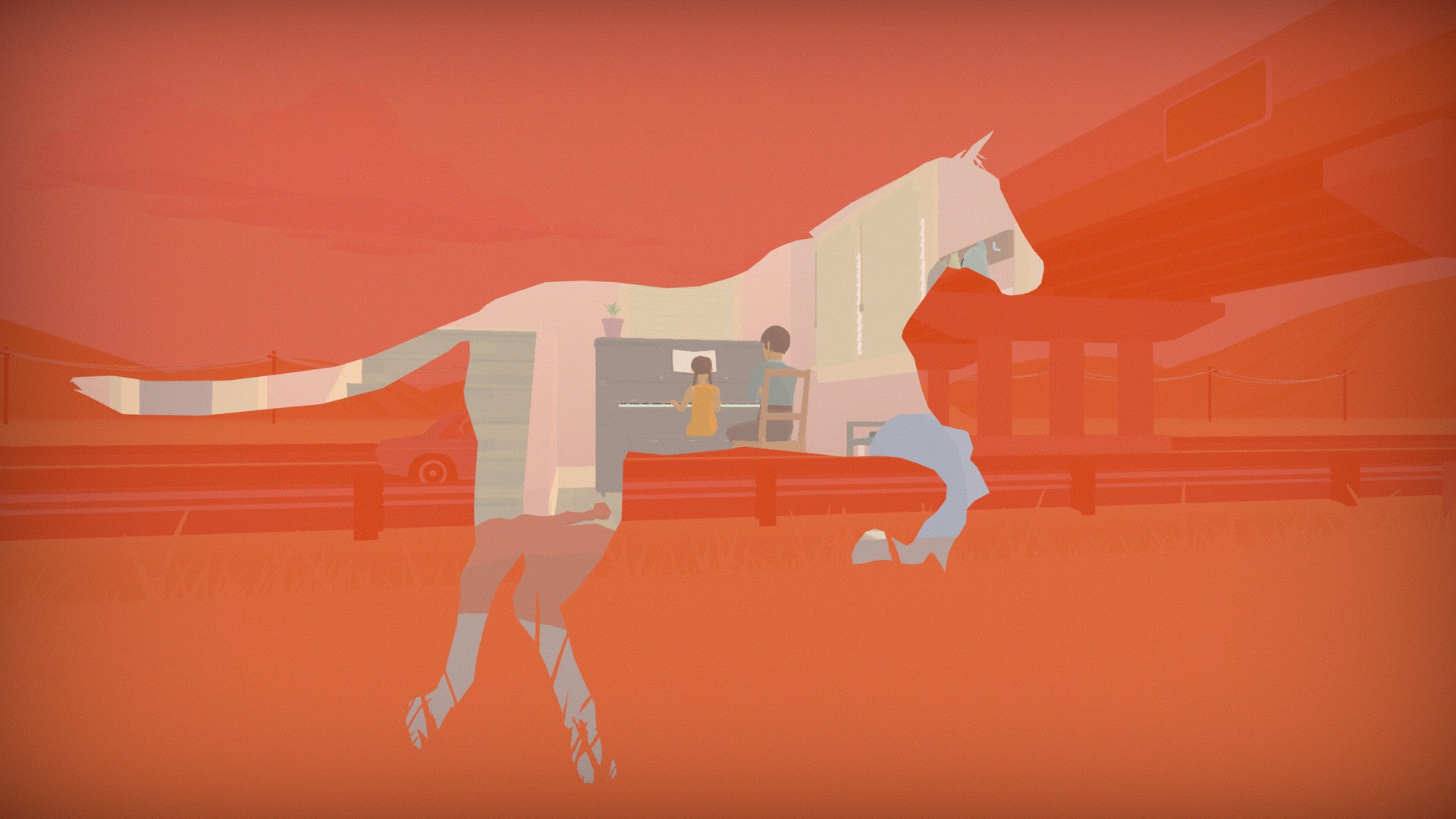 A red-washed screen with a negative silhouette of a horse cutting through it to show a mother and parent and a child at a piano in the background.