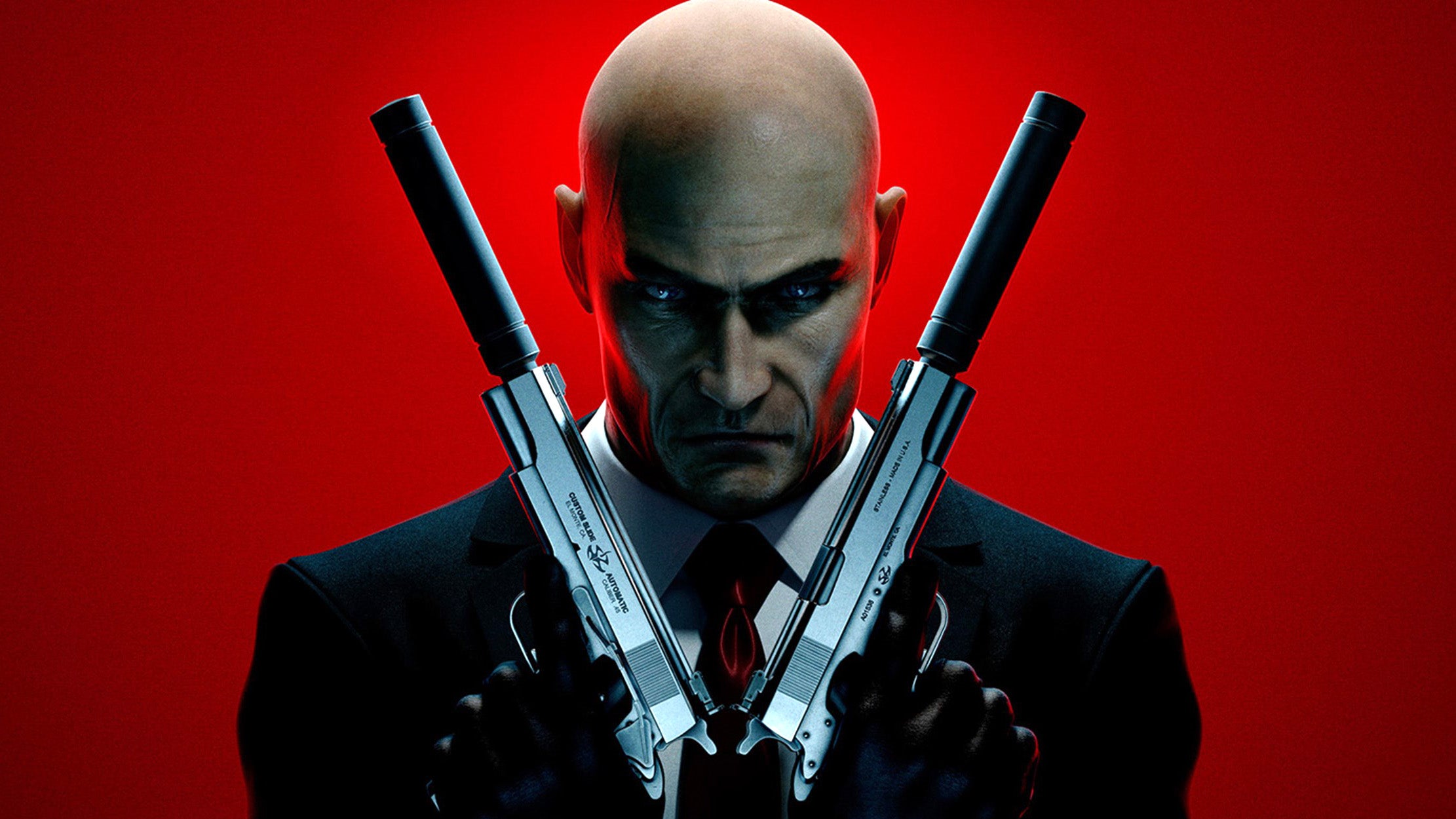 Agent 47 from Hitman, close-up, arms pressed against his chest and holding two guns, with silences framing either side of his sinister face. The background is blood red.